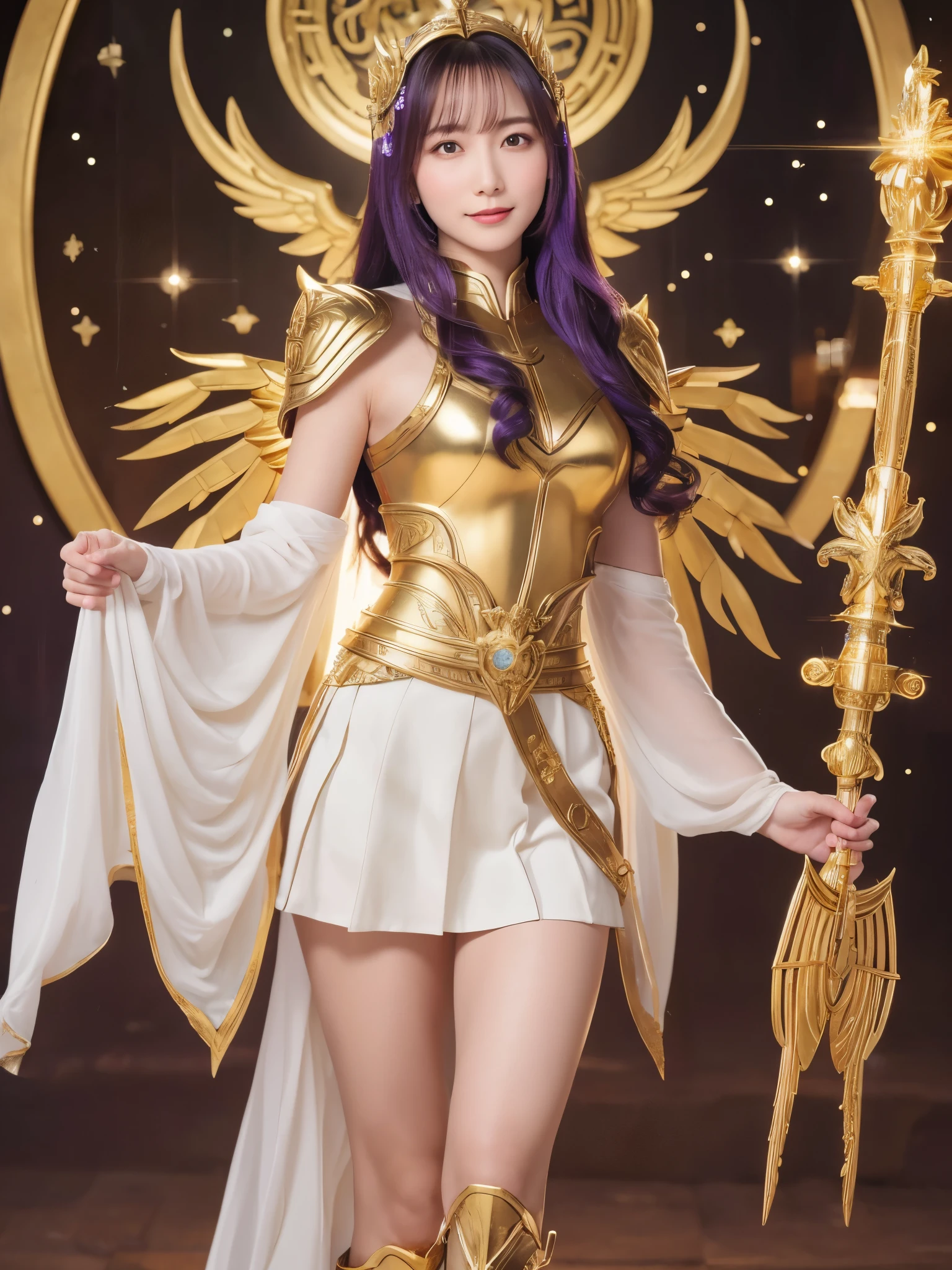 Miss Saori（Athena）The image is full of majesty and holiness。She has long smooth purple hair，Wear a silver helmet，There is a half-moon decoration in the center of the helmet，Symbolizes wisdom。She wears mainly silver、Armor with purple and gold decorations，胸甲刻有Athena的神聖圖騰，Skirt is white，White skirt above the knee, Gold embroidery on edge，Leg armor integrated with silver boots，The overall armor is beautifully designed。 She holds a golden scepter，The top of the scepter is a crescent symbol，studded with luminous gems，Symbol of divine power。The round shield is mainly silver，Engraved star pattern in the center，Surrounded by geometric patterns and moon symbols，Represents protective power。Huge golden wings spread out behind her，The inner feathers have a purple gradient，Symbolizes wisdom與神聖。 She stands in front of the background of the Zodiac in Saint Seiya，Surrounded by tall golden pillars and mysterious horoscope symbols，The entire scene is shrouded in soft golden light，light from her wings、Reflected on scepter and shield，Highlight her holiness and majesty。
