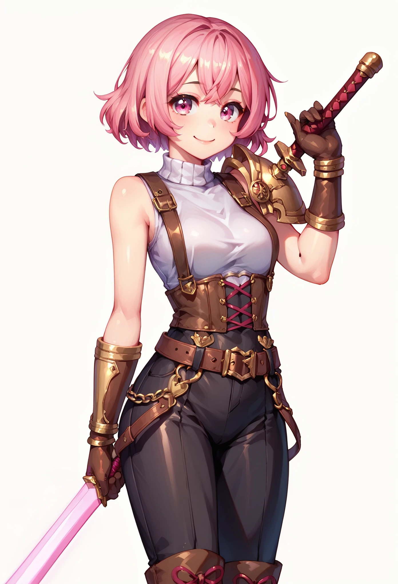 (masterpiece, best quality:1.2), pink glowing eyes, pink eyes, perfect face,Mami nanami , strong make up, highres, 1 girl, solo, make up, (female:1.5), multcolored hair, shoulder armor,  sleeveless turtleneck, cute outfit suspenders, belt, gloves, bracer,  cute smile, standing, portrait, looking at viewer, holding a giant sword on the back, long leather boots, fullbody shot