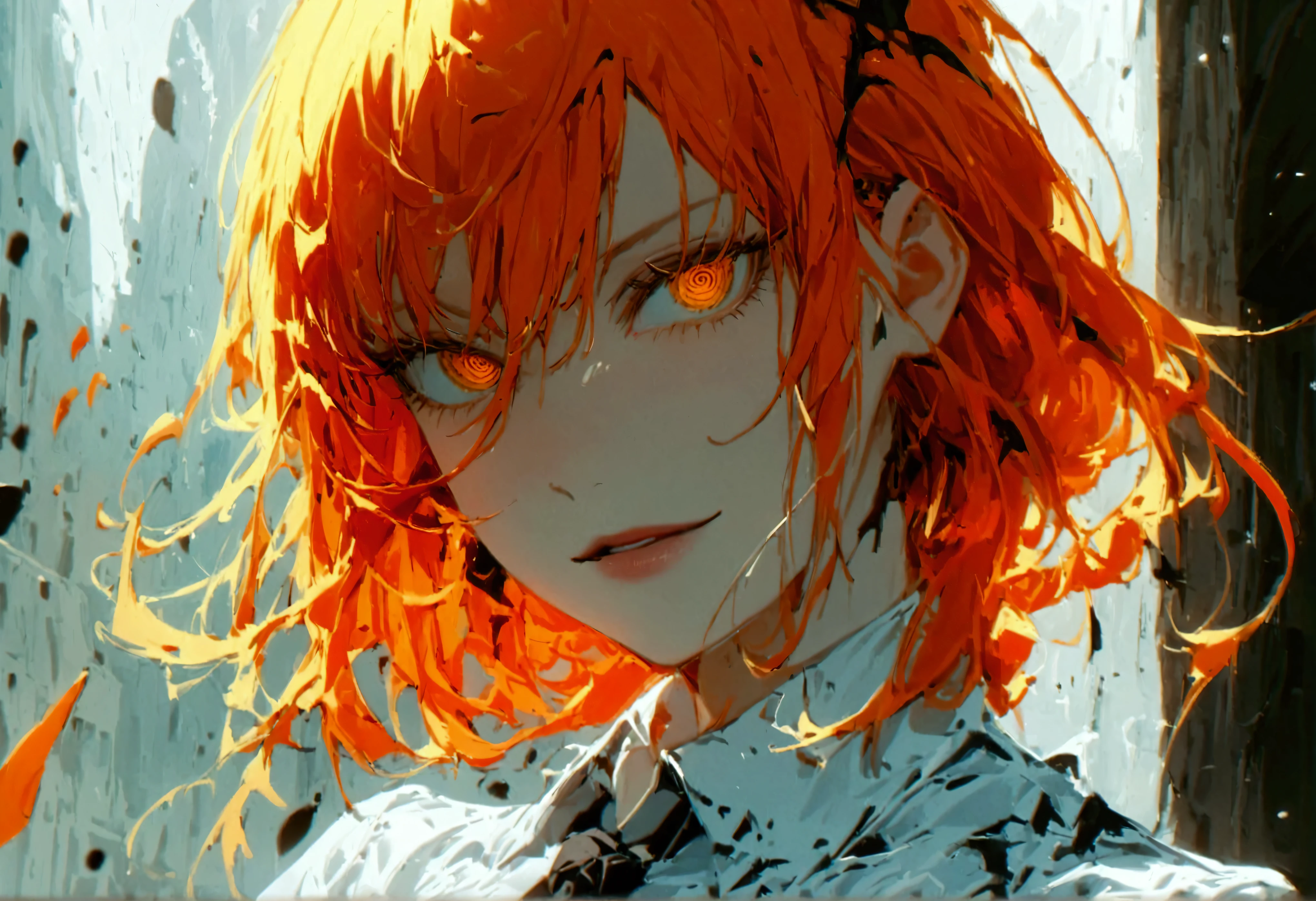 Makima, orange hair, Orange eyes, a torn dress shirt, and a tie, tight black panties, *looking with an evil smile*