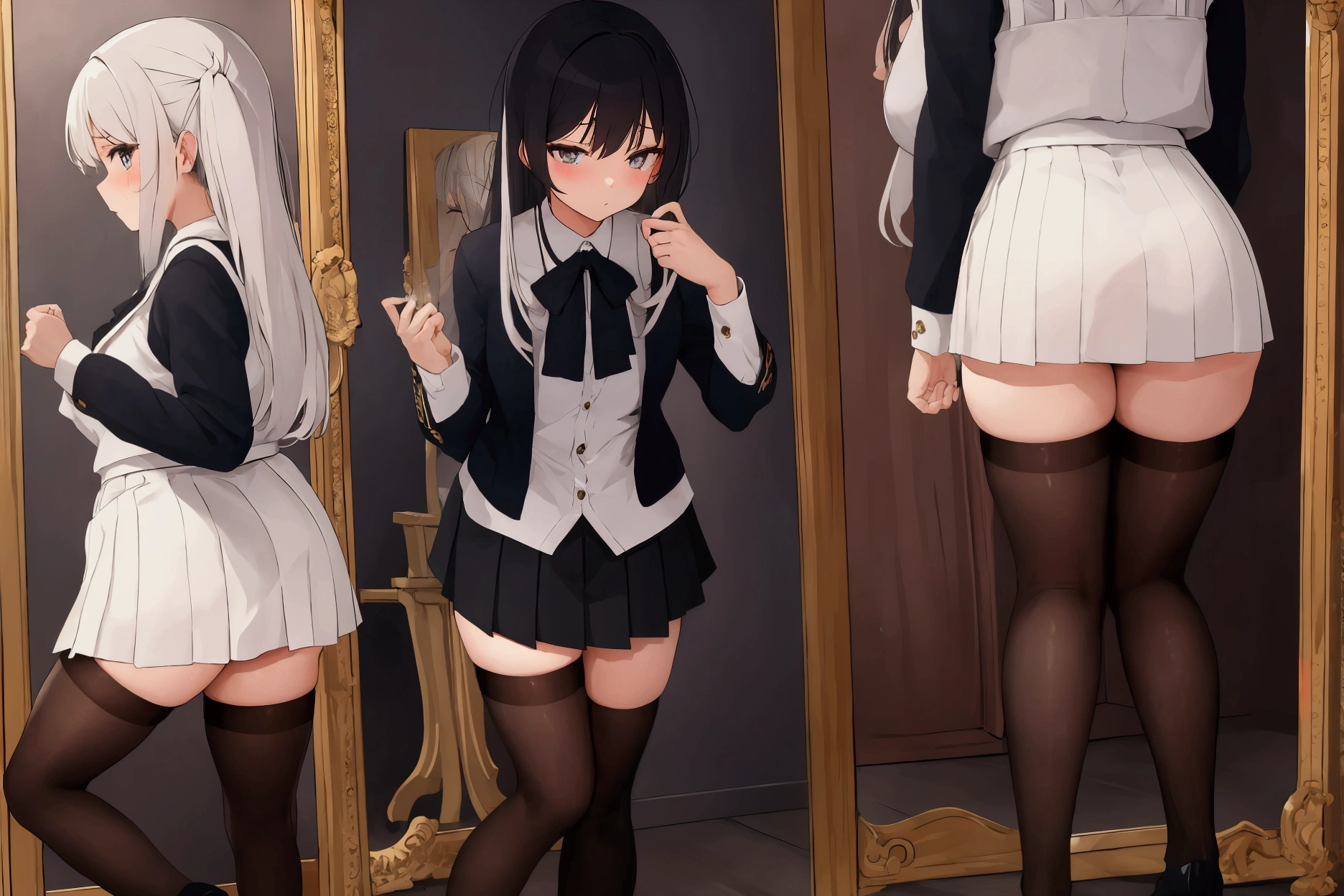 masterpiece, best quality, illustration, highly detailed, misakiao, hair ribbon, beautiful detailed eyes, (ass focus), lace panties, (glory wall pose:1.3), short skirt, (picture in frame), natural lighting, white blouse,