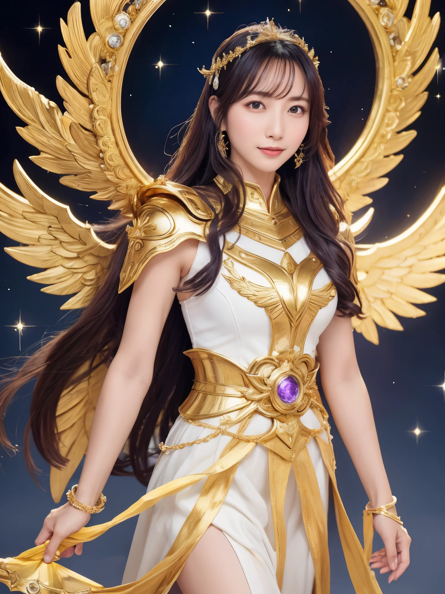 Miss Saori（Athena）The image is full of majesty and holiness。She has long smooth purple hair，Wear a silver helmet，There is a half-moon decoration in the center of the helmet，Symbolizes wisdom。She wears mainly silver、Armor with purple and gold decorations，胸甲刻有Athena的神聖圖騰，Skirt is white，White skirt above the knee, Gold embroidery on edge，Leg armor integrated with silver boots，The overall armor is beautifully designed。 She holds a golden scepter，The top of the scepter is a crescent symbol，studded with luminous gems，Symbol of divine power。The round shield is mainly silver，Engraved star pattern in the center，Surrounded by geometric patterns and moon symbols，Represents protective power。Huge golden wings spread out behind her，The inner feathers have a purple gradient，Symbolizes wisdom與神聖。 She stands in front of the background of the Zodiac in Saint Seiya，Surrounded by tall golden pillars and mysterious horoscope symbols，The entire scene is shrouded in soft golden light，light from her wings、Reflected on scepter and shield，Highlight her holiness and majesty。
