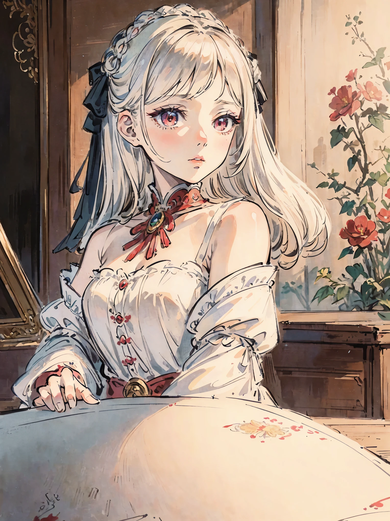 masterpiece, best quality, an extremely delicate and beautiful girl,an extremely delicate and beautiful, world masterpiece theater, ultra-detailed, highly detailed, best quality, white hair, highres, extremely detailed,1 girl, best quality, illustration, looking at viewer, impasto, canvas, oil painting, realistic, realist ,real, crimson eyes, Gothic loli, Holding a ruby earring, a gentle smile
