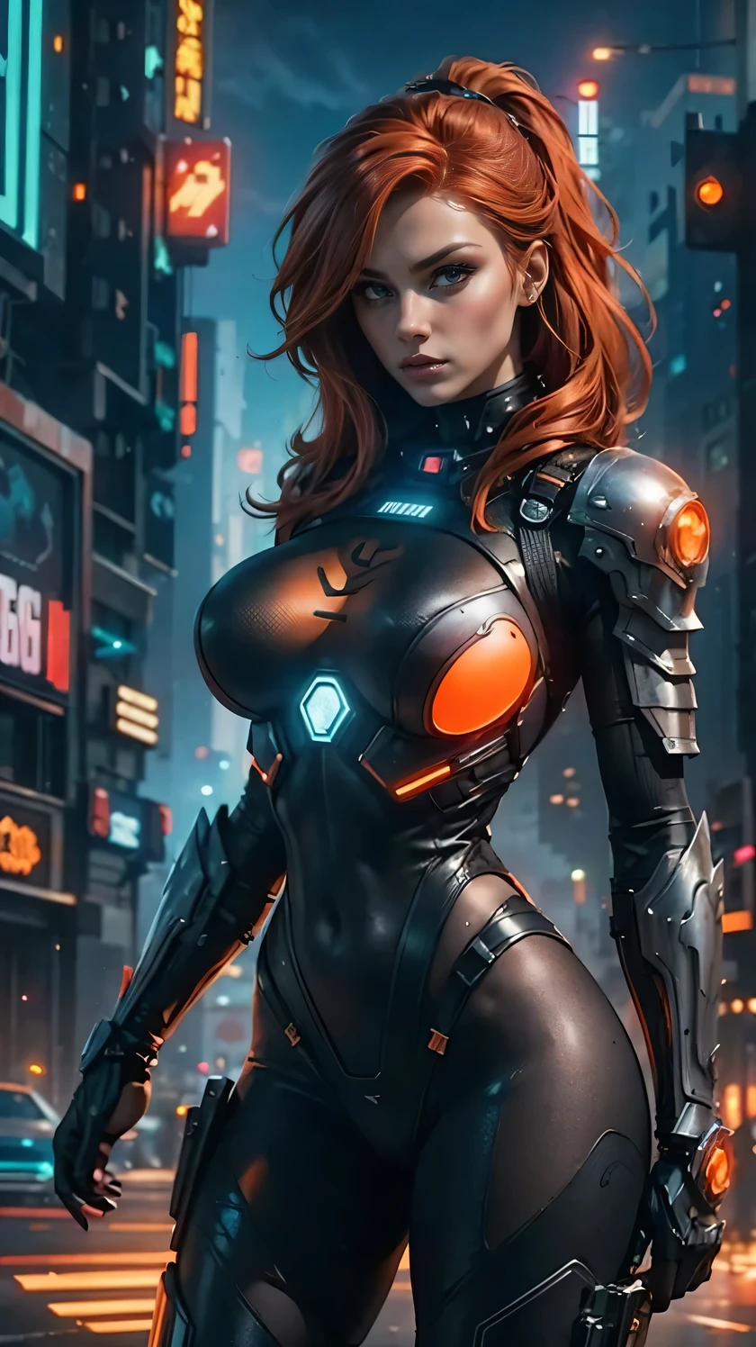 Redhead female sexy cyberpunk setting wearing black armor bodysuit with orange glowing lines in city night high quality masterpiece.