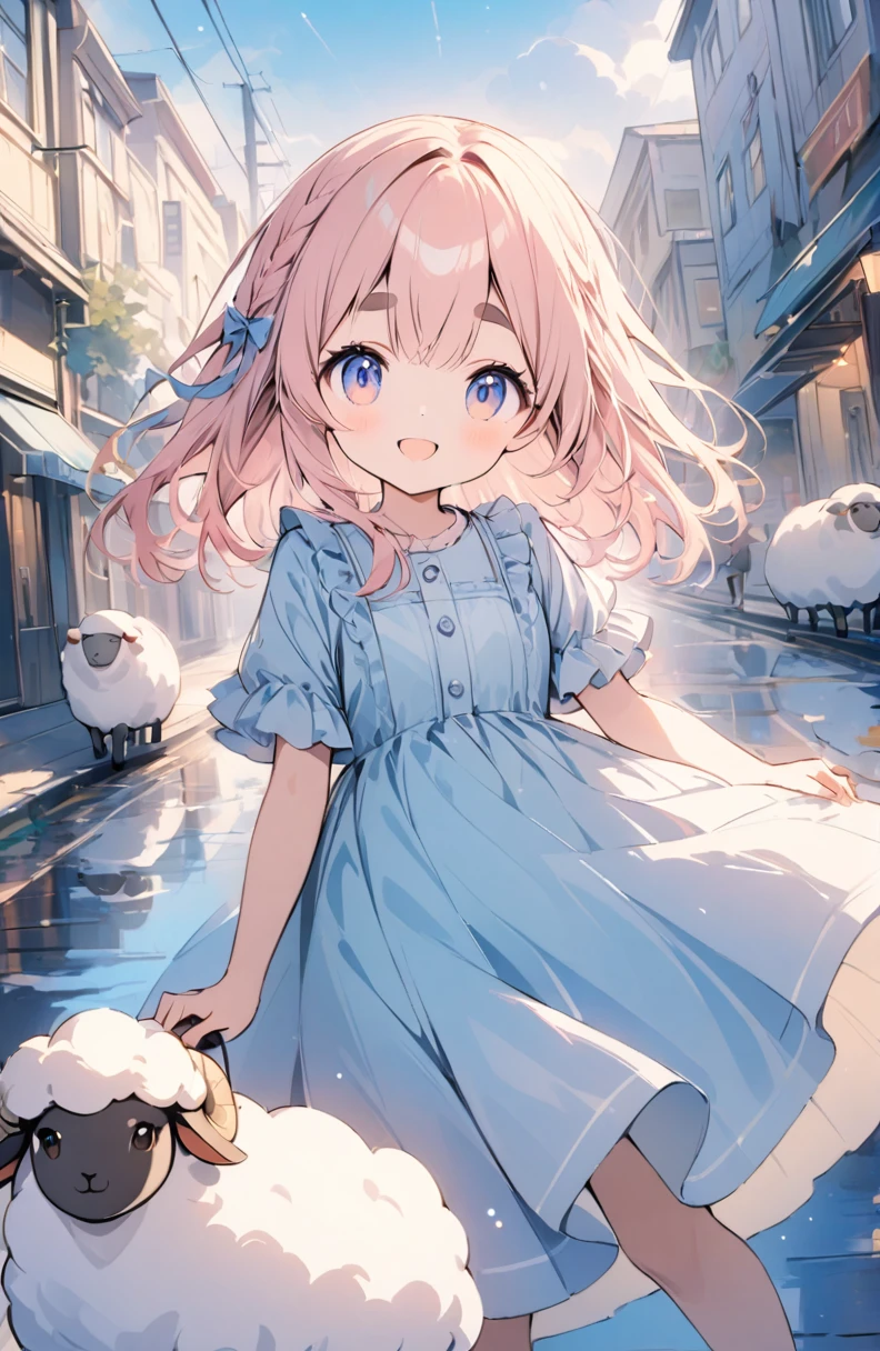 (High resolution, Attention to detail, high quality, High resolution, 最high quality, 4K, 8k, Awards)、Sheep, One girl, Pink, fluffy, cotton-candy-like hair, Thick eyebrows:1.2, A neat and clean dress based on white and light blue, Warm light atmosphere, Hold your hand over your forehead and smile, Look up at the sky, City sidewalk after the rain, puddle, Rainbow-colored light shines：light source：Rainbow overlay