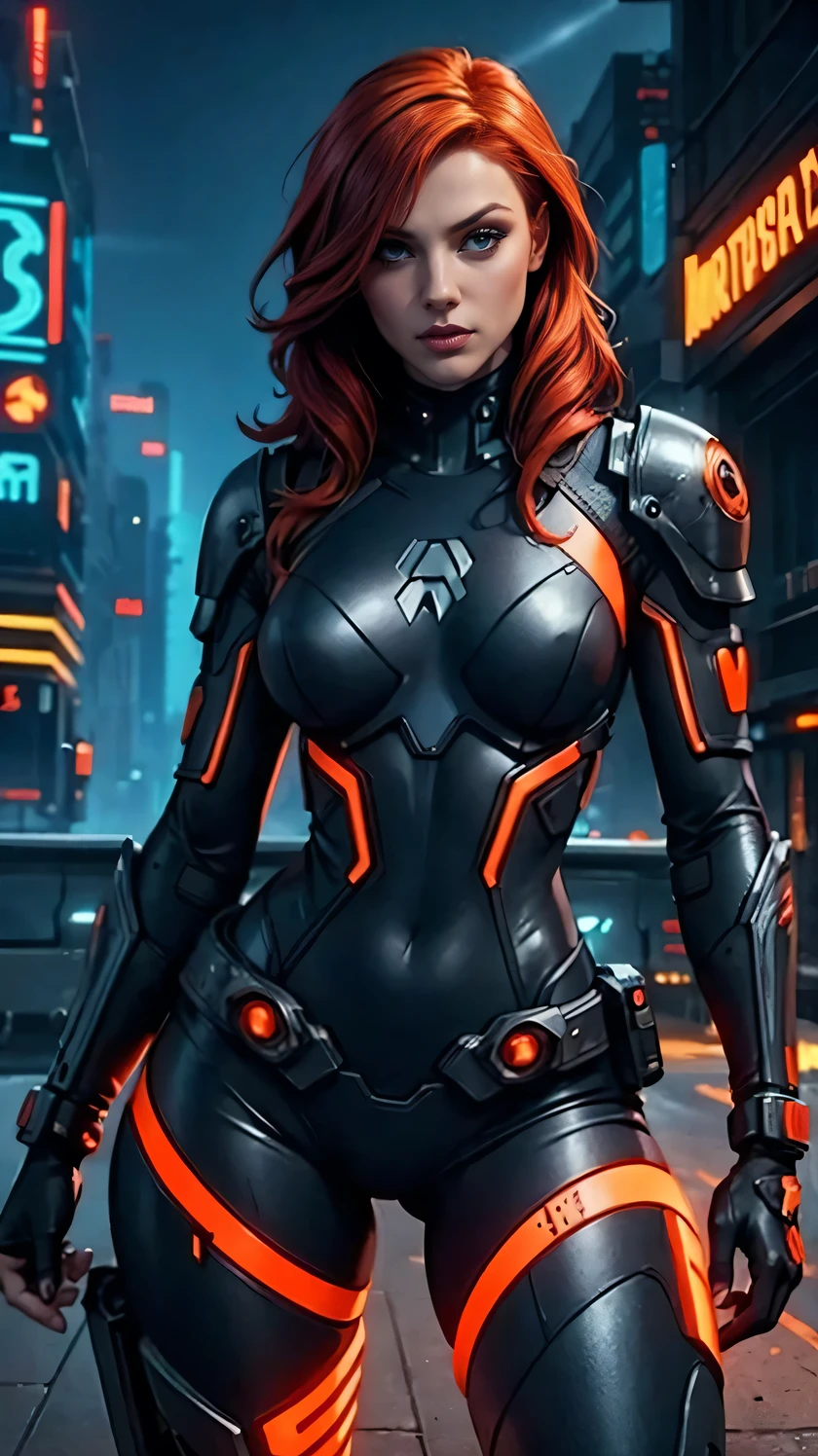 Redhead female sexy cyberpunk setting wearing black armor bodysuit with orange glowing lines in city night high quality masterpiece.