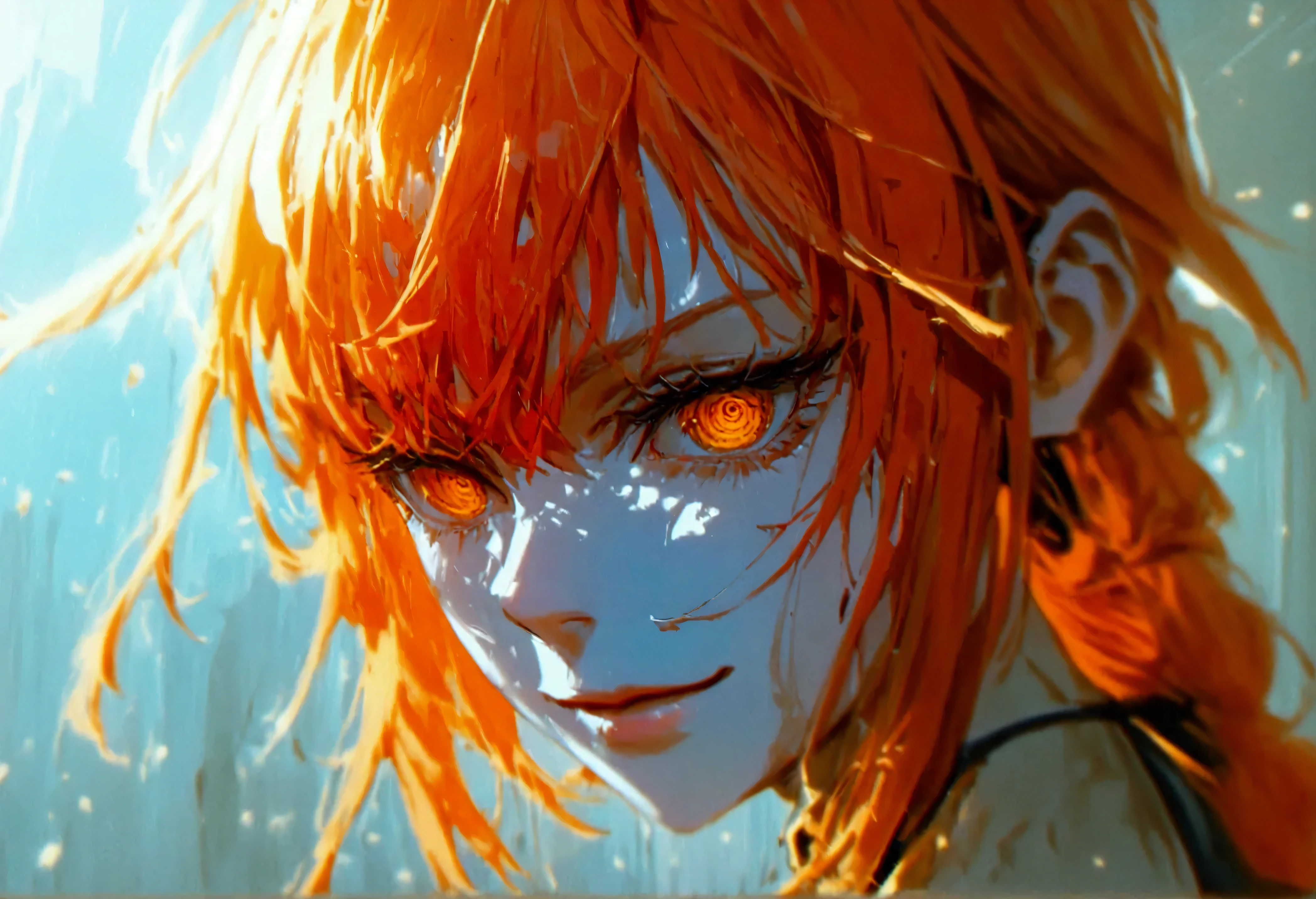 Makima, orange hair, Orange eyes, a torn dress shirt, and a tie, tight black panties, *looking with an evil smile*