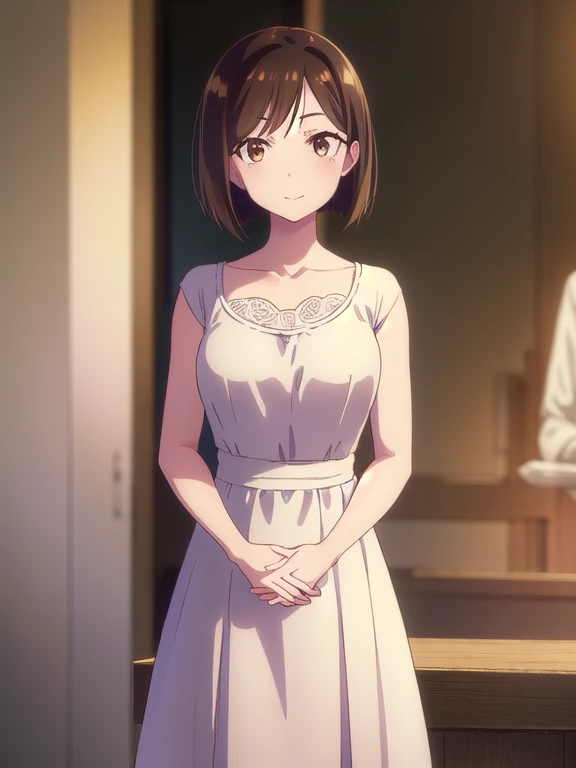 1girl in、bare shoulders、red blush、from above、clavicle、stand in from of door、Small、Gonzo、light brown hair、bangss、solofocus、hands in chest、perspiring、thighs thighs thighs thighs、、short-hair、(closed her eyes)、volume illumination、motion line、Smile、fullnude、Japanese-style room、put out the tongue、Opening Mouth