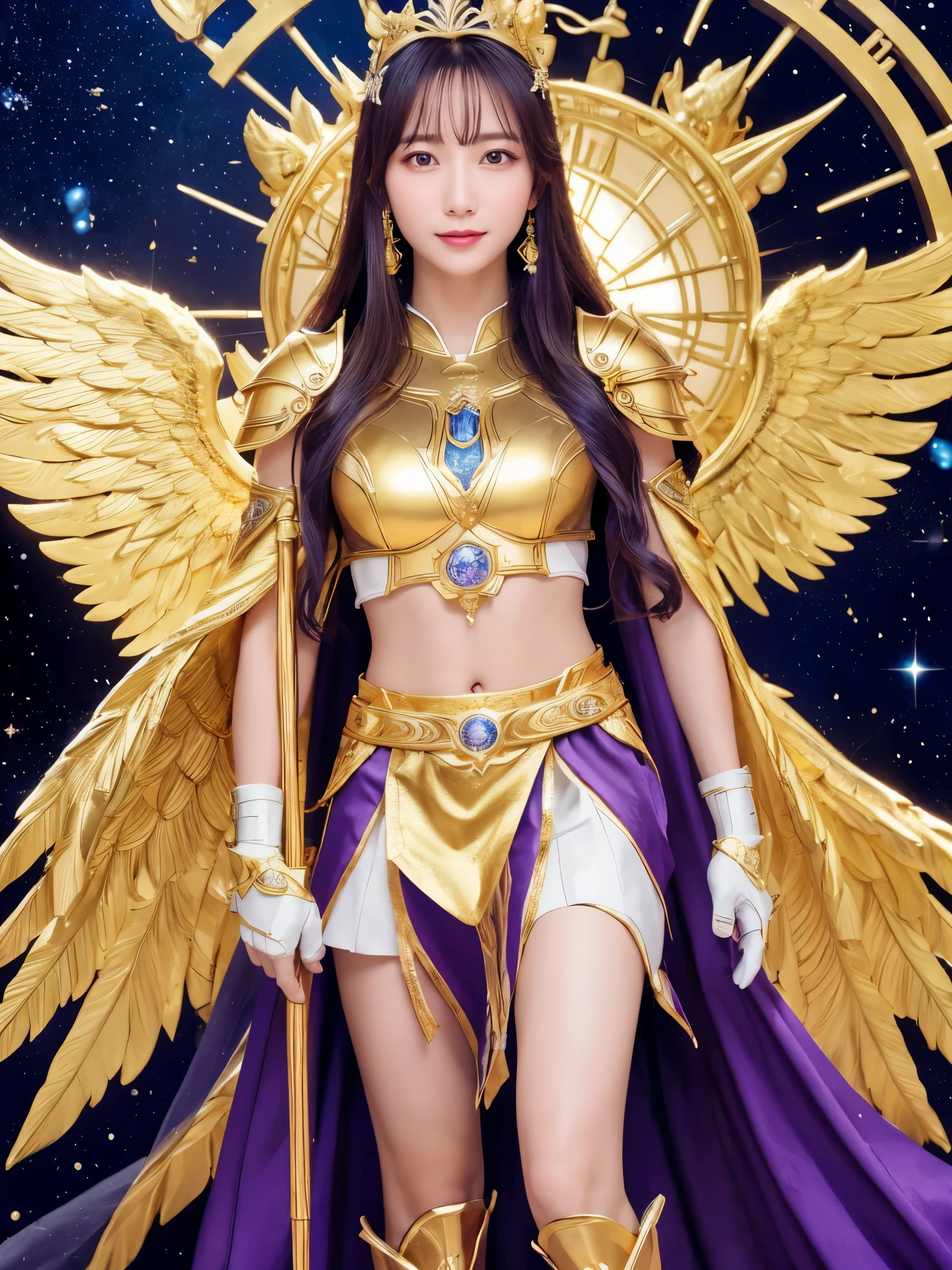 Miss Saori(Athena)The image is full of majesty and holiness。She has long smooth purple hair,Wear a silver helmet,There is a half-moon decoration in the center of the helmet,Symbolizes wisdom。She wears mainly silver、Armor with purple and gold decorations,胸甲刻有Athena的神聖圖騰,Skirt is white,White skirt above the knee, Gold embroidery on edge,Leg armor integrated with silver boots,The overall armor is beautifully designed。 She holds a golden scepter,The top of the scepter is a crescent symbol,studded with luminous gems,Symbol of divine power。The round shield is mainly silver,Engraved star pattern in the center,Surrounded by geometric patterns and moon symbols,Represents protective power。Huge golden wings spread out behind her,The inner feathers have a purple gradient,Symbolizes wisdom與神聖。 She stands in front of the background of the Zodiac in Saint Seiya,Surrounded by tall golden pillars and mysterious horoscope symbols,The entire scene is shrouded in soft golden light,light from her wings、Reflected on scepter and shield,Highlight her holiness and majesty。