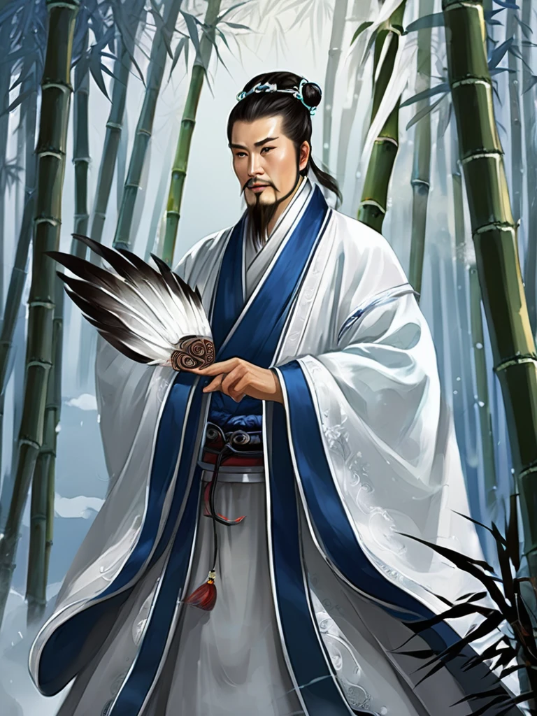 Snow falling effect、Digital illustration, Ancient Chinese scholars, Traditional Costume, Embroidered Robe,  Zhuge Kongming,  , White and blue palette, gesture, Serious expression, Attention to detail, Historical figures, Standing pose, Feather fan,  In the bamboo forest 