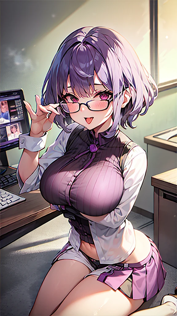 One girl, masterpiece, spouse, goddess,short hair ,((Purple Hair)),Glasses ,AirBlowjob, Big Breasts, smile, Transparent dick blowjob, I want a penis,Sitting,Office,Sticking out tongue,Young