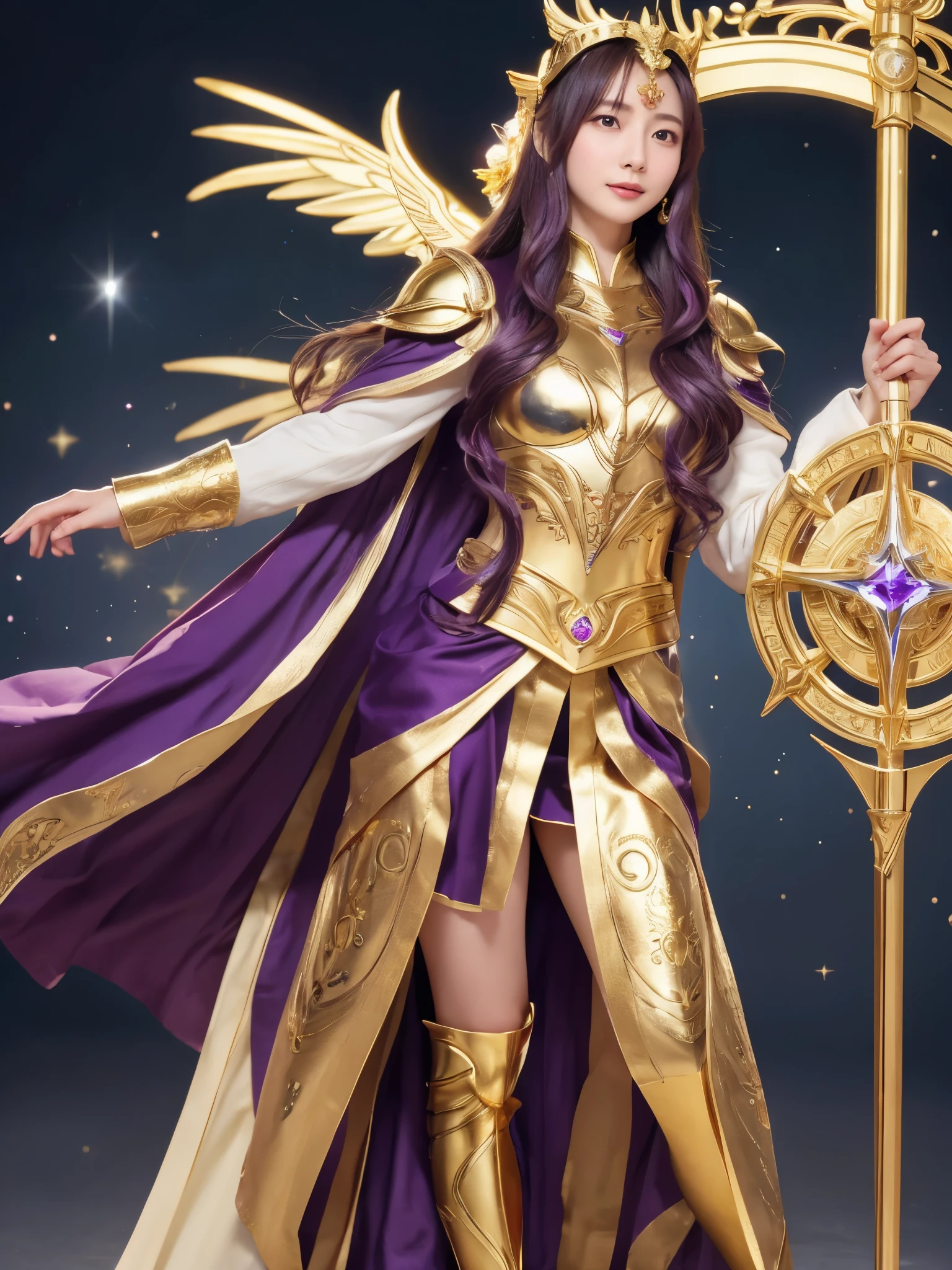 Miss Saori(Athena)The image is full of majesty and holiness。She has long smooth purple hair,Wear a silver helmet,There is a half-moon decoration in the center of the helmet to symbolize wisdom.。She wears mainly silver armor with purple and gold decorations,胸甲刻有Athena的神聖圖騰,Long skirt armor is white,Gold embroidery on edge,Leg armor integrated with silver boots,The overall armor is beautifully designed。
She holds a golden scepter. The top of the scepter is a crescent-shaped symbol inlaid with luminous gems, symbolizing divine power.。The round shield is mainly silver, with a star pattern engraved in the center and geometric patterns and moon symbols around it to represent the power of protection.。The huge golden wings spread out behind her and the inner feathers have a purple gradient, symbolizing wisdom and holiness.。
She stands in front of the background of the Zodiac in Saint Seiya,Surrounded by tall golden pillars and mysterious horoscope symbols,The entire scene is shrouded in soft golden light,light from her wings、Reflected on scepter and shield,Highlight her holiness and majesty。
