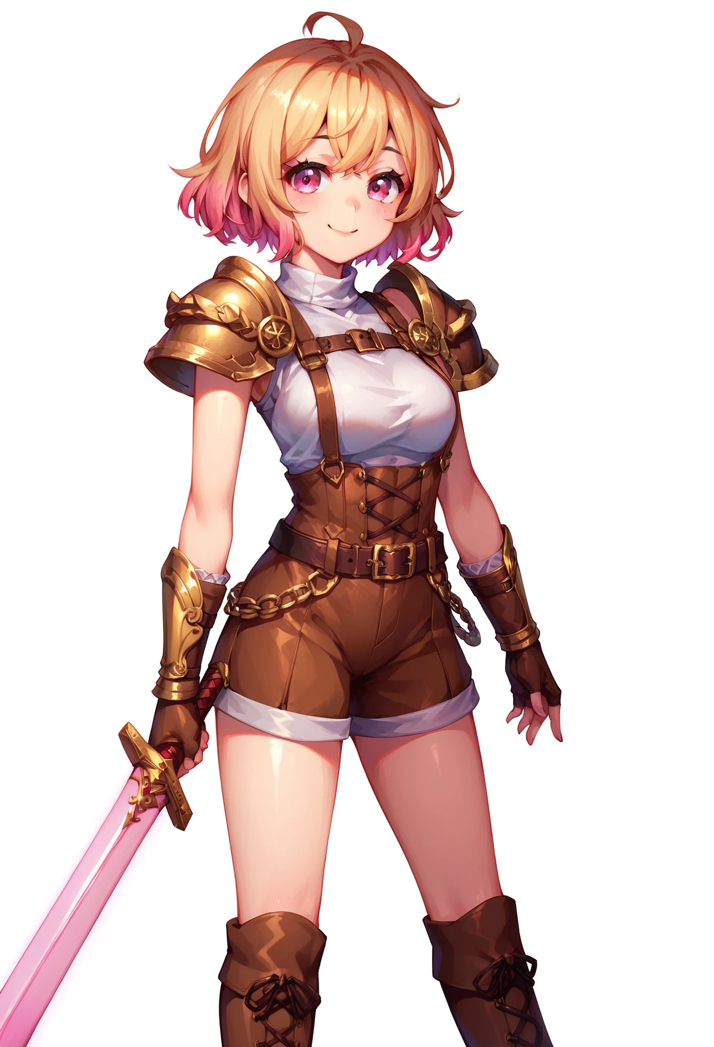 (masterpiece, best quality:1.2), pink glowing eyes, pink eyes, perfect face,Mami nanami , strong make up, highres, 1 girl, solo, make up, (female:1.5), multcolored hair, shoulder armor,  sleeveless turtleneck, cute outfit, white shirt,  suspenders, belt, gloves, bracer,  cute smile, standing, portrait, looking at viewer, holding a giant sword on the back, long leather boots, fullbody shot