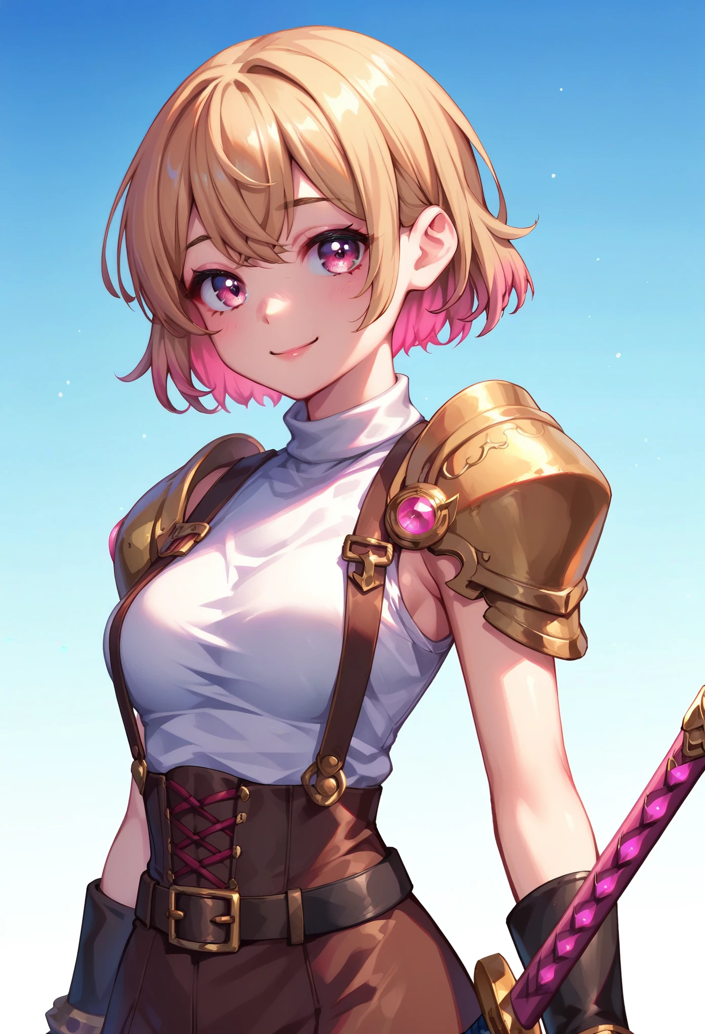 (masterpiece, best quality:1.2), pink glowing eyes, pink eyes, perfect face,Mami nanami , strong make up, highres, 1 girl, solo, make up, (female:1.5), multcolored hair, shoulder armor,  sleeveless turtleneck, cute outfit, white shirt,  suspenders, belt, gloves, bracer,  cute smile, standing, portrait, looking at viewer, holding a giant sword on the back, long leather boots, fullbody shot