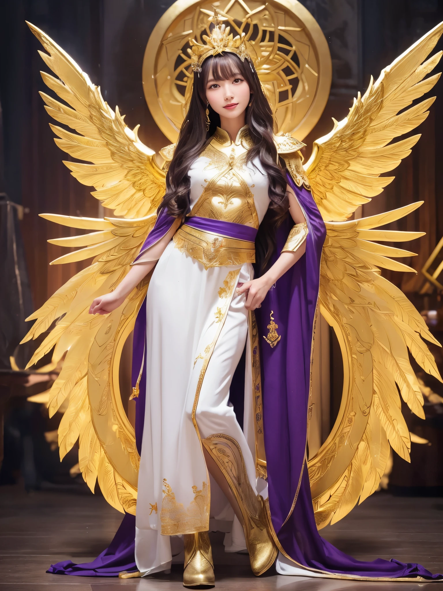 Miss Saori（Athena）The image is full of majesty and holiness。She has long smooth purple hair，Wearing a silver helmet with a half-moon decoration in the center。She wears mainly silver armor with purple and gold decorations，胸甲刻有Athena的神聖圖騰，The long skirt is white and has gold embroidery on the edge.，Leg armor integrated with silver boots，The overall armor is beautifully designed。 She holds a golden scepter. The top of the scepter is a crescent-shaped symbol inlaid with luminous gems, symbolizing divine power.。The round shield is mainly silver, with a star pattern engraved in the center and geometric patterns and moon symbols around it to represent the power of protection.。The huge golden wings spread out behind her and the inner feathers have a purple gradient, symbolizing wisdom and holiness.。 She stands in front of the background of the Zodiac in Saint Seiya，Surrounded by tall golden pillars and mysterious horoscope symbols，The entire scene is shrouded in soft golden light，light from her wings、Reflected on scepter and shield，Highlight her holiness and majesty。
