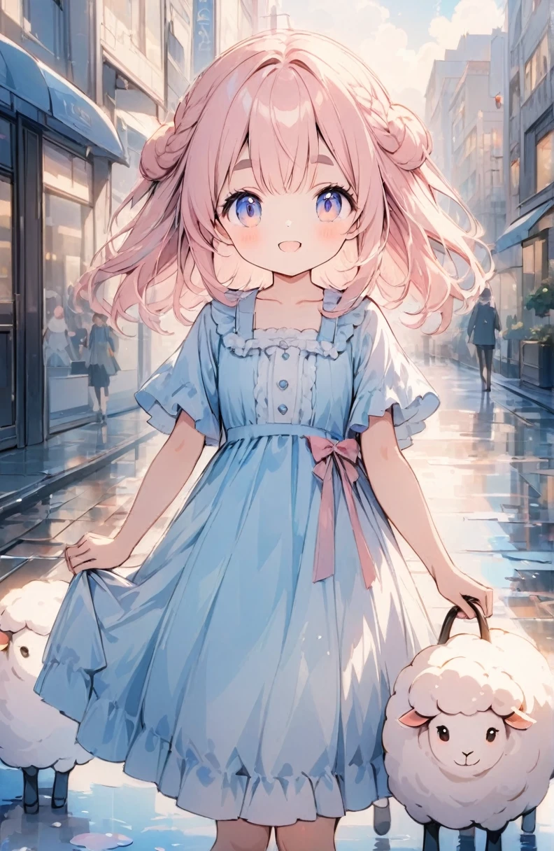 (High resolution, Attention to detail, high quality, High resolution, 最high quality, 4K, 8k, Awards)、Sheep, One girl, Pink, fluffy, cotton-candy-like hair:1.2, Thick eyebrows:1.4, A neat and clean dress based on white and light blue, Warm light atmosphere, Hold your hand over your forehead and smile, Look up at the sky, City sidewalk after the rain, puddle, Rainbow-colored light shines：light source：Rainbow overlay