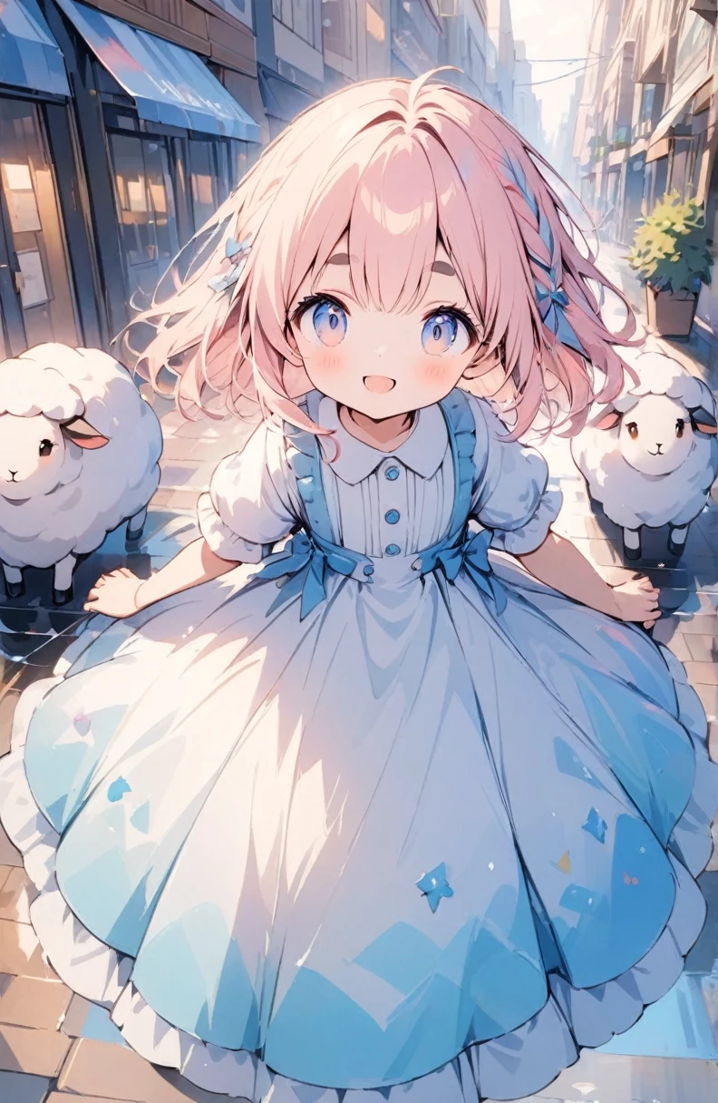 (High resolution, Attention to detail, high quality, High resolution, 最high quality, 4K, 8k, Awards)、Sheep, One girl, Pink, fluffy, cotton-candy-like hair:1.2, Thick eyebrows:1.4, A neat and clean dress based on white and light blue, Warm light atmosphere, Hold your hand over your forehead and smile, Look up at the sky, City sidewalk after the rain, puddle, Rainbow-colored light shines：light source：Rainbow overlay