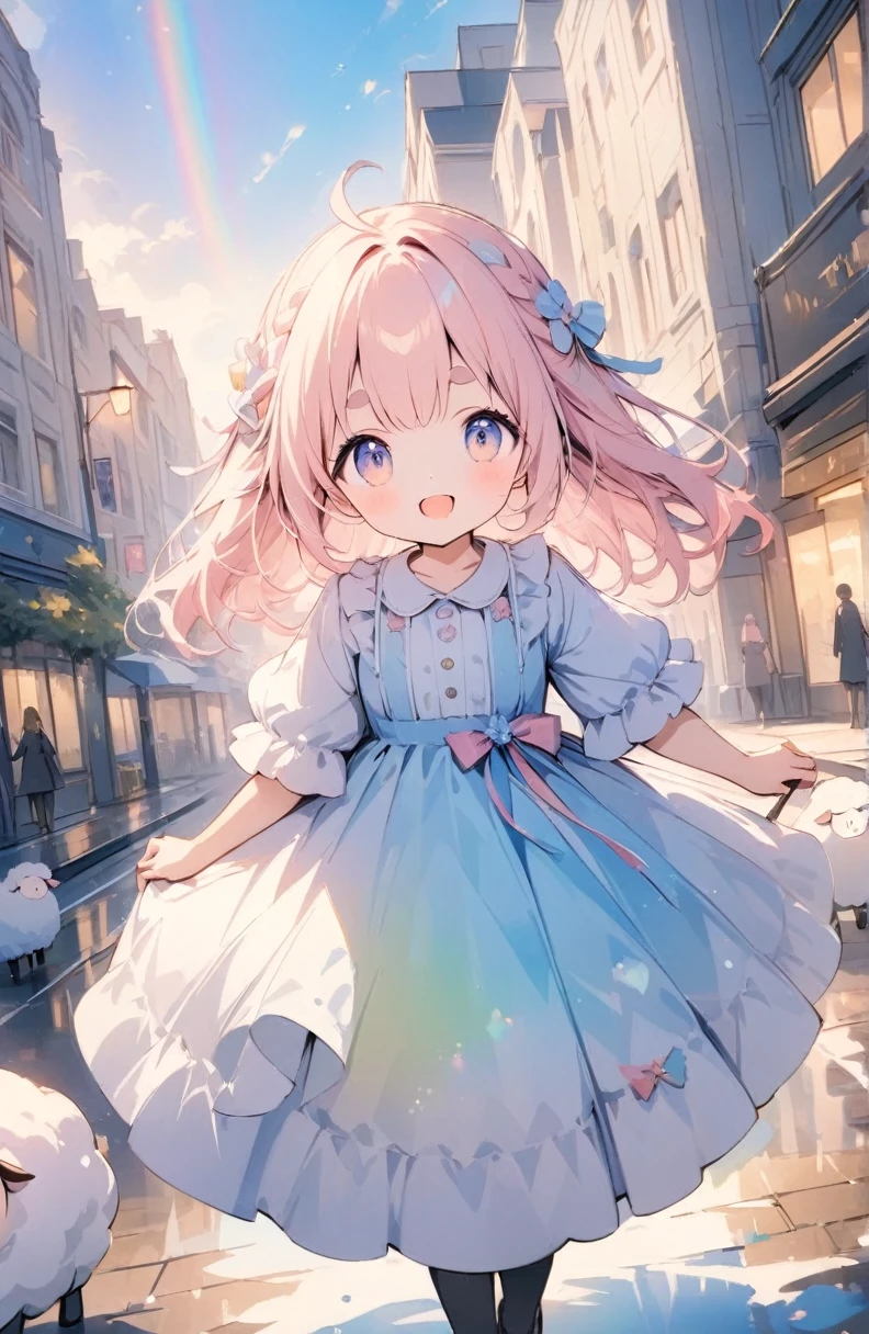 (High resolution, Attention to detail, high quality, High resolution, 最high quality, 4K, 8k, Awards)、Sheep, One girl, Pink, fluffy, cotton-candy-like hair:1.2, Thick eyebrows:1.4, A neat and clean dress based on white and light blue, Warm light atmosphere, Hold your hand over your forehead and smile, Look up at the sky, City sidewalk after the rain, puddle, Rainbow-colored light shines：light source：Rainbow overlay