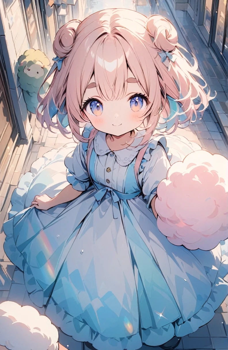 (High resolution, Attention to detail, high quality, High resolution, 最high quality, 4K, 8k, Awards)、Sheep, One girl, Pink, fluffy, cotton-candy-like hair:1.2, Thick eyebrows:1.4, A neat and clean dress based on white and light blue, Warm light atmosphere, Hold your hand over your forehead and smile, Look up at the sky, City sidewalk after the rain, puddle, Rainbow-colored light shines：light source：Rainbow overlay