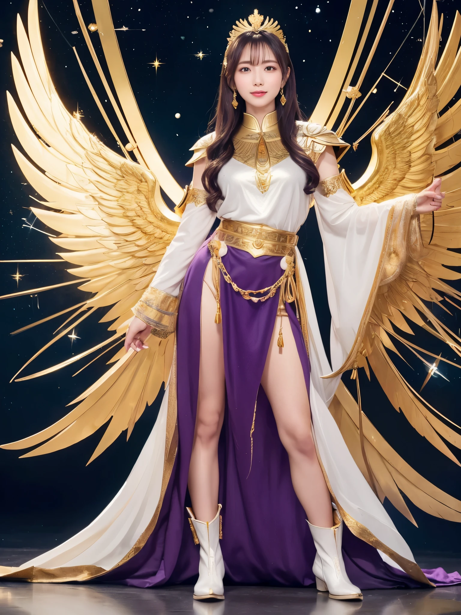 Miss Saori（Athena）The image is full of majesty and holiness。She has long smooth purple hair，Wearing a silver helmet with a half-moon decoration in the center。She wears mainly silver armor with purple and gold decorations，胸甲刻有Athena的神聖圖騰，The long skirt is white and has gold embroidery on the edge.，Leg armor integrated with silver boots，The overall armor is beautifully designed。 She holds a golden scepter. The top of the scepter is a crescent-shaped symbol inlaid with luminous gems, symbolizing divine power.。The round shield is mainly silver, with a star pattern engraved in the center and geometric patterns and moon symbols around it to represent the power of protection.。The huge golden wings spread out behind her and the inner feathers have a purple gradient, symbolizing wisdom and holiness.。 She stands in front of the background of the Zodiac in Saint Seiya，Surrounded by tall golden pillars and mysterious horoscope symbols，The entire scene is shrouded in soft golden light，light from her wings、Reflected on scepter and shield，Highlight her holiness and majesty。
