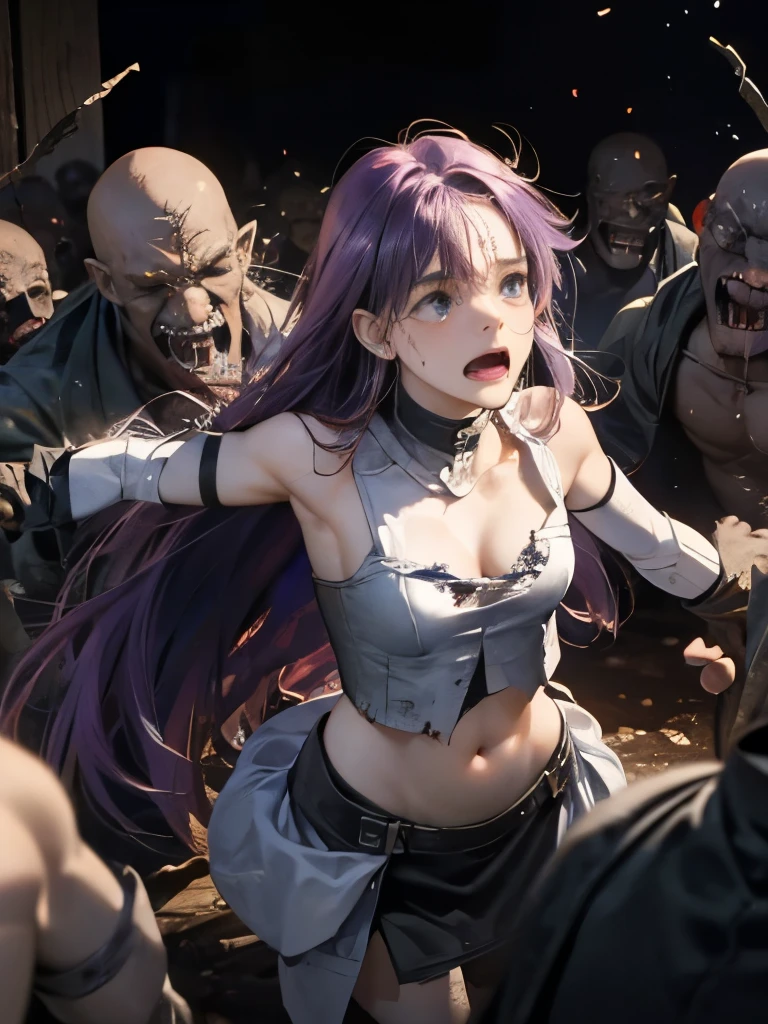 Best Quality、torture、slave、Constraints、BDSM、Captured by a zombie、Surrounded by zombies、defeat、Beautiful woman with very long purple hair、Full of wounds、White body armor（Small breasts、Cleavage、Off the shoulder、Sleeveless、No elbow pads、belly button、High Leg、Exposed thighs）、White Armor Boots、Tears overflow、Frightened expression、run away、Attacked by zombies 1:5、Many violent zombies 1:5、The zombie grabs his arm.　Zombie attacks from behind、Zombie grabs leg、Zombie Swarm 1:5、darkness、Different world、Dark fantasy、Pitch Black Hell