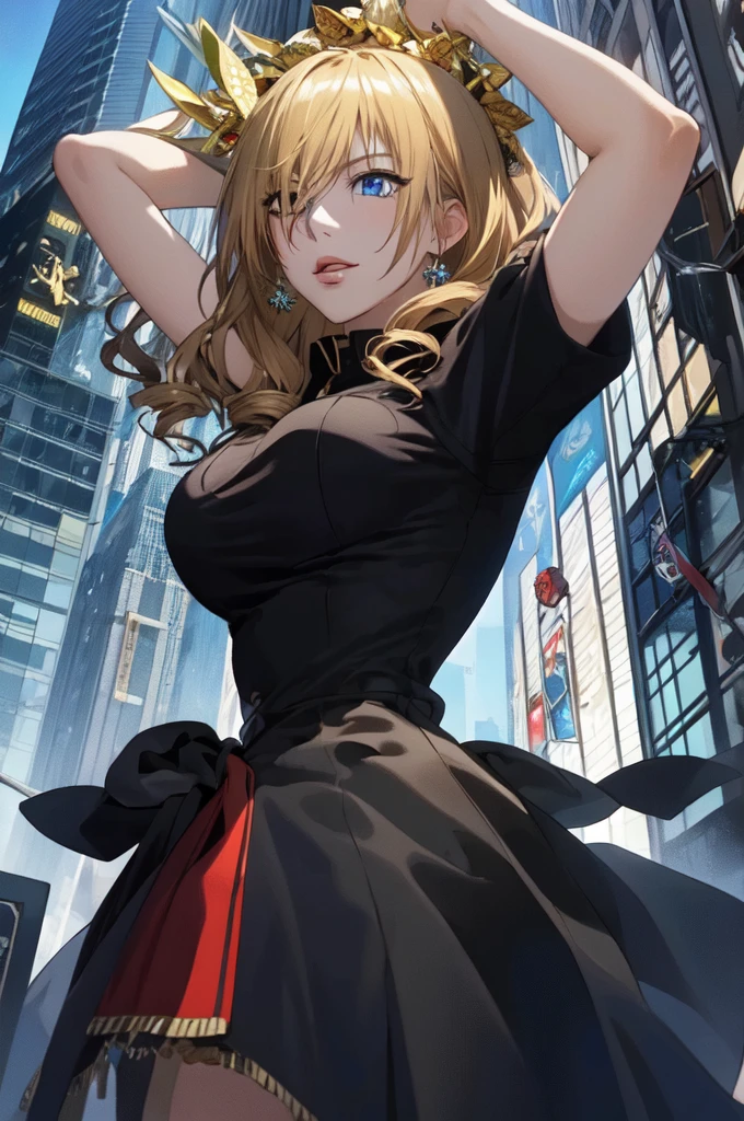 (masterpiece, top quality, best quality, extreme detailed, highest detailed, official art, cinematic composition, beautiful and aesthetic:1.2), colorful, (finely detailed eyes:1.1), beautiful face, perfect body, 1girl, solo, night city, urban city, laterns, street,white and  gold gochic dress, (neon lights:1.1), big breasts, sfw, stars, (cyberpunk:1.1), (science fiction:1.1), (look up:1.2), (public:1.2),long hair,gold hair,blue eyes,8k,adult woman ,メイド服