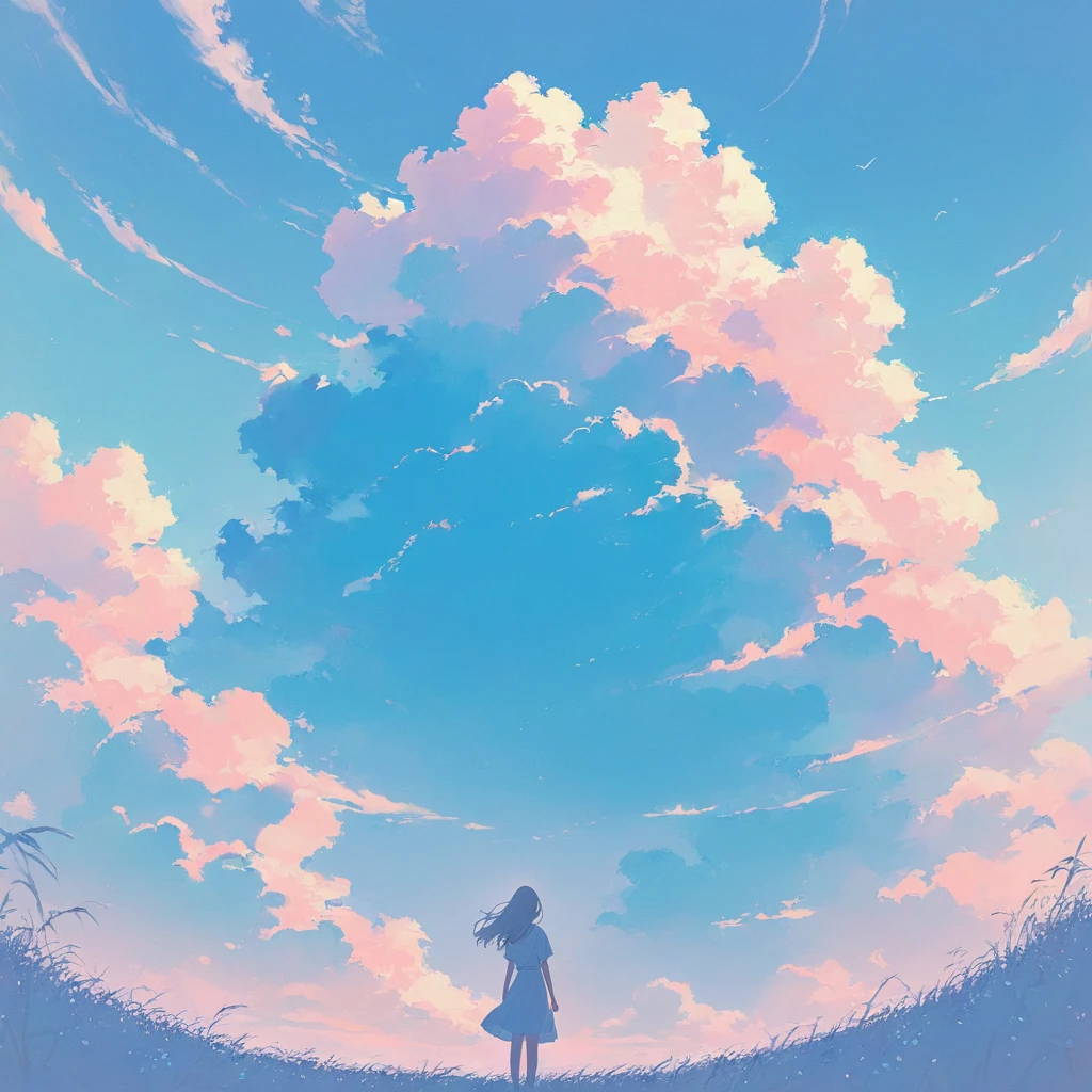 One woman,Pastel colors,Standing under the blue sky,A touching scene