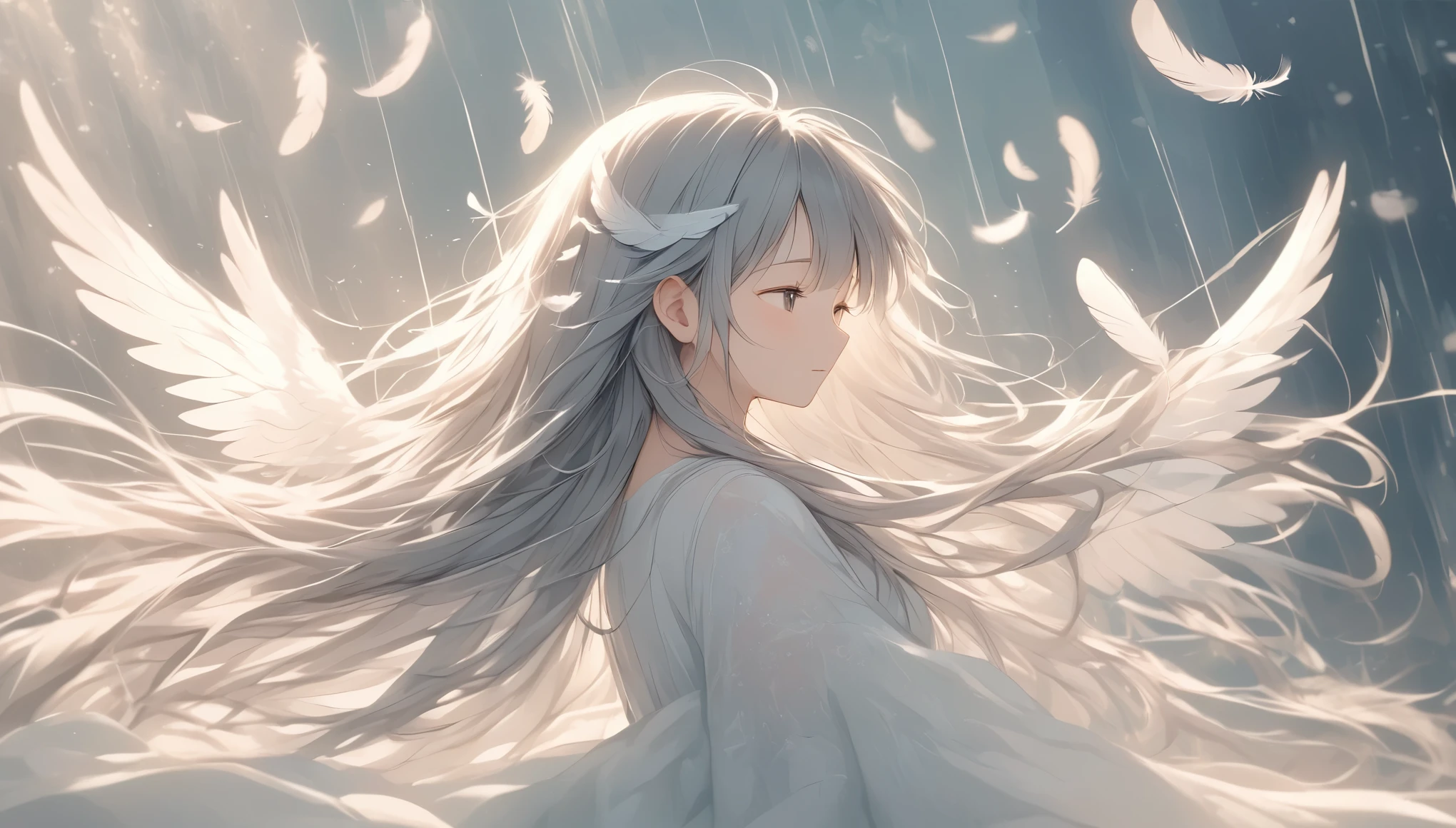 ((Light lines and soft colors create a dreamy effect., A fleeting impression..)),Gray Hair、Long Hair、Cute angel、(Spread your wings wide)、My hair flutters in the wind、Left facing、Side view、Feathers fluttering、Beautiful effects、A scene from a movie、Transience and beauty