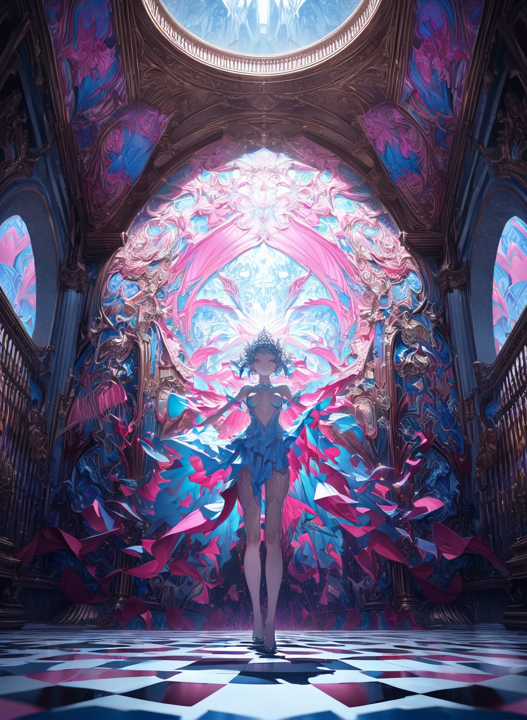 (masutepiece, of the highest quality, Best Quality, Official art, Beautiful and aesthetic:1.2), (1girl in:1.3), Extremely detailed,(Fractal Art:1.2),Colorful,highest details,(Zentangle:1.2), (Dynamic Pose), (Abstract background:1.5), (Dress of a member of parliament:1.2), (Shiny skin), (Many colors:1.4), Upper body, Thin gauze, Off-the-shoulder, blooming flower field, Glowing skin, lightsmile, Camel toe, Sexy, Bust, nakeness,From below,Ass Up wAIT