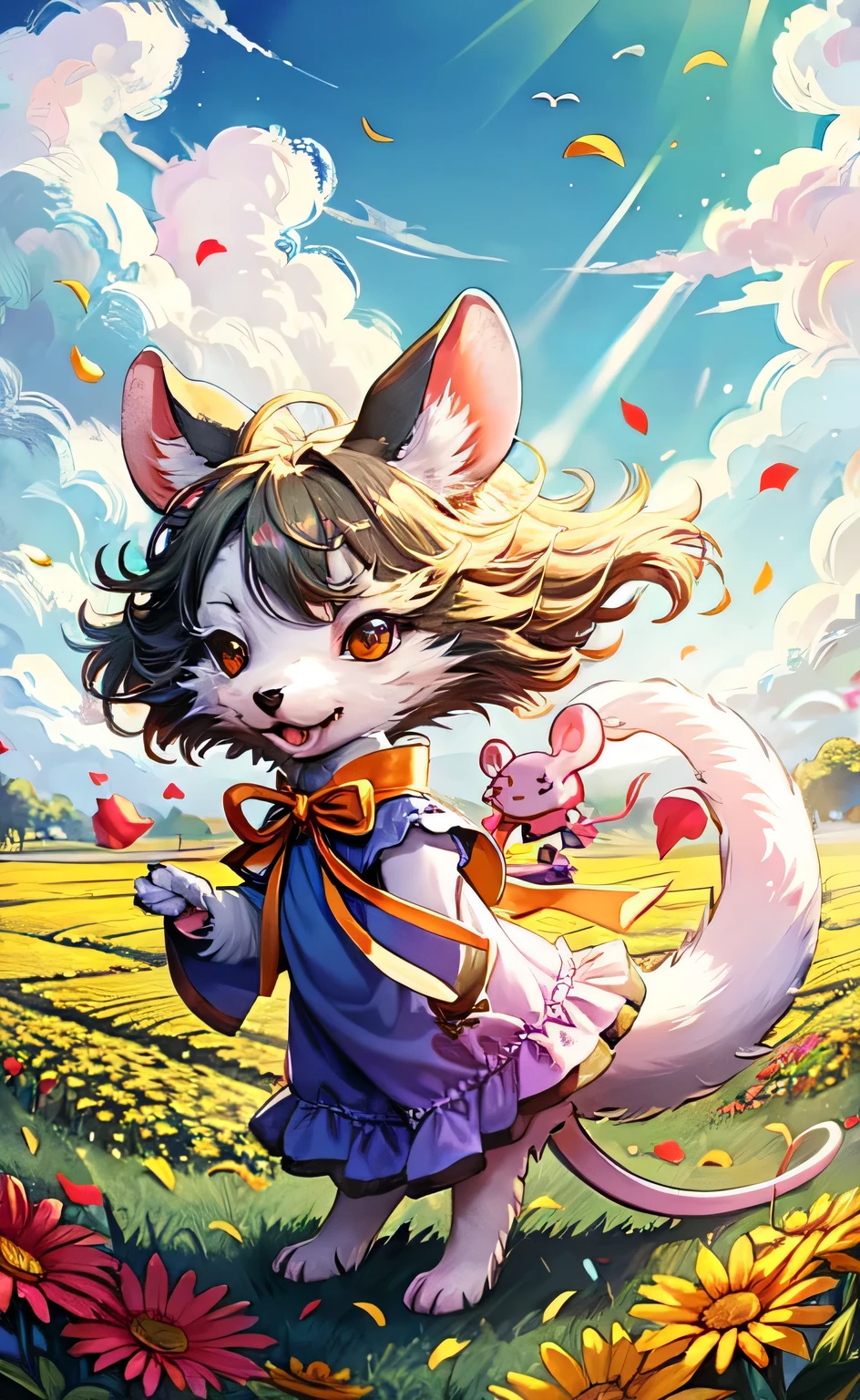 Angel version with areolas on top of the clouds looking at us"A realistic image of a medium-sized female dog, poodle breed in white color, full body, white fur without rabo.com mouth open The dog's eyes should be large, black and shiny, with a pink muzzle. The dog is playing with a ball in a beautiful grassy field under a sunny sky. The scene should be highly detailed and realistic, with 4K resolution and a cinematic style." Angelic Version