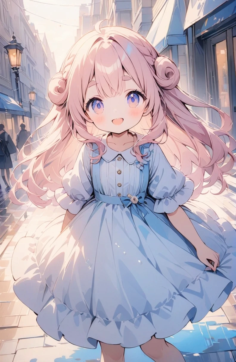 (High resolution, Attention to detail, high quality, High resolution, 最high quality, 4K, 8k, Awards)、Sheep, One girl, Pink, fluffy, cotton-candy-like hair:1.2, Soft, naturally curly long hair, Thick eyebrows:1.4, A neat and clean dress based on white and light blue, Warm light atmosphere, Hold your hand over your forehead and smile, Look up at the sky, City sidewalk after the rain, puddle, Rainbow-colored light shines：light source：Rainbow overlay