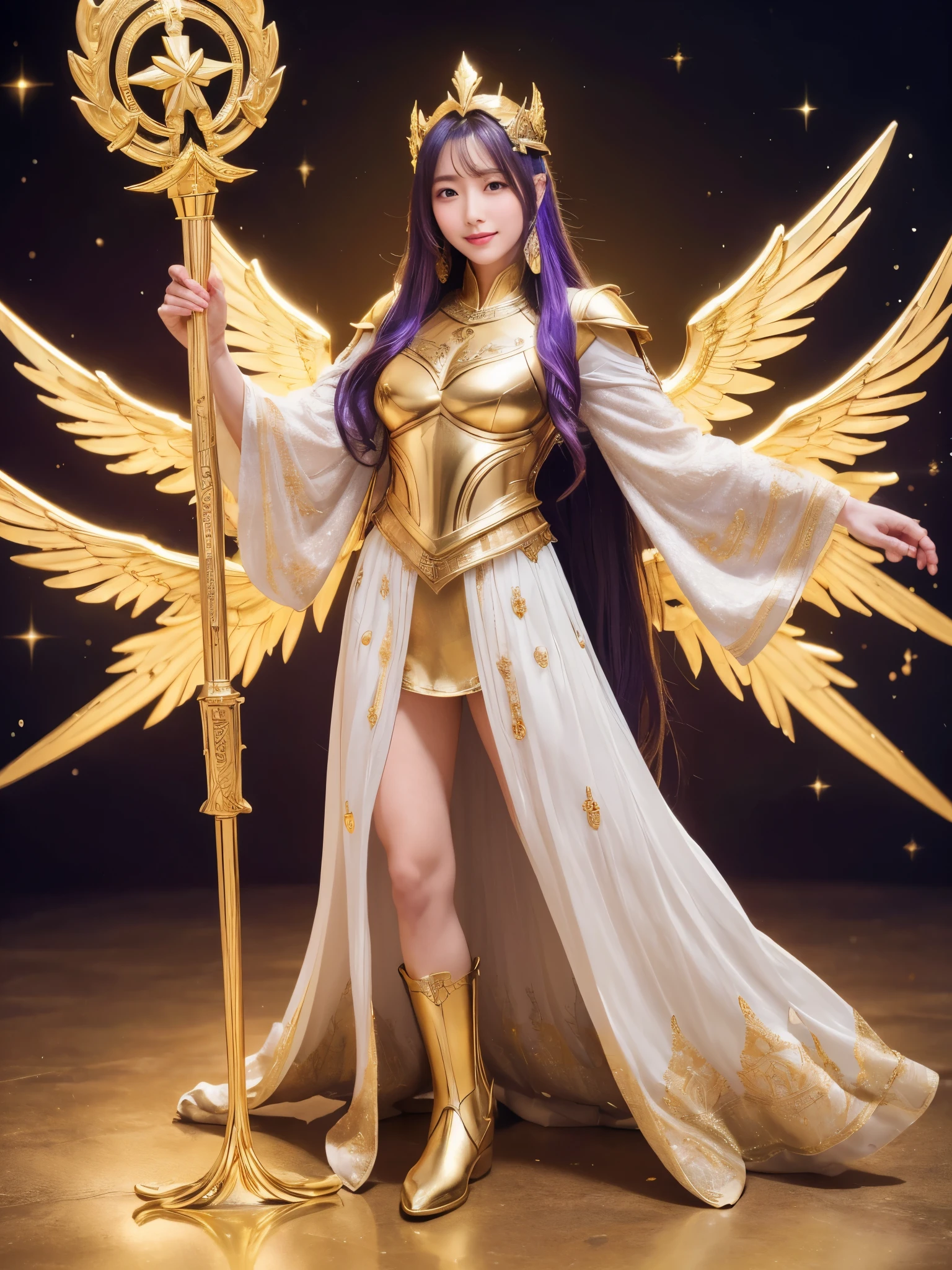 Miss Saori（Athena）The image is full of majesty and holiness。She has long smooth purple hair，The helmet she wears is characterized by a central half-moon decorative edge with exquisite golden carvings. The silver metal surface of the helmet is as smooth as a mirror. The slightly extended curves on both sides are elegant and full of power.,The forehead of the helmet is engraved with delicate ancient Greek-style totems. The gold-plated details on the edges sparkle in the light and fit perfectly with the overall armor.。She wears mainly silver armor with purple and gold decorations，胸甲刻有Athena的神聖圖騰，The long skirt is white and has gold embroidery on the edge.，Leg armor integrated with silver boots，The overall armor is beautifully designed。 She holds a golden scepter. The top of the scepter is a crescent-shaped symbol inlaid with luminous gems, symbolizing divine power.。The round shield is mainly silver, with a star pattern engraved in the center and geometric patterns and moon symbols around it to represent the power of protection.。The huge golden wings spread out behind her and the inner feathers have a purple gradient, symbolizing wisdom and holiness.。 She stands in front of the background of the Zodiac in Saint Seiya，Surrounded by tall golden pillars and mysterious horoscope symbols，The entire scene is shrouded in soft golden light，light from her wings、Reflected on scepter and shield，Highlight her holiness and majesty。
