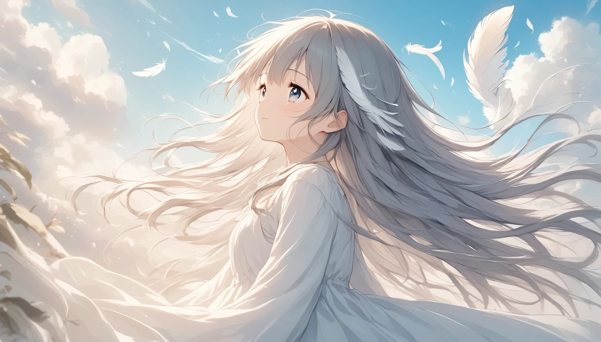 ((Light lines and soft colors create a dreamy effect., A fleeting impression..)),Gray Hair、Long Hair、Cute angel、My hair flutters in the wind、翼を広げて空を飛ぶ***,left facing、Side view、Feathers fluttering、Beautiful effects、A scene from a movie、Transience and beauty、Blue sky and white clouds