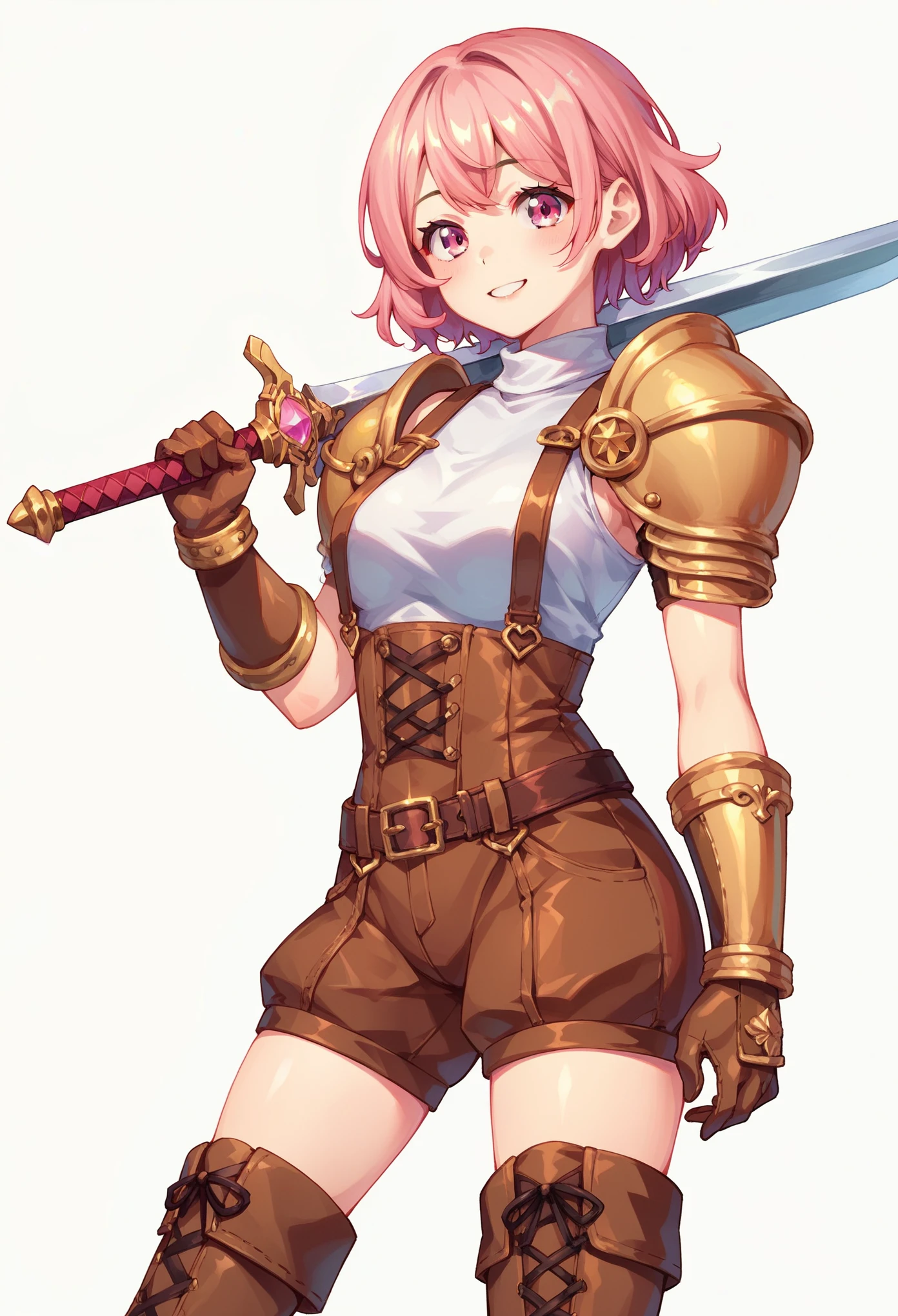 (masterpiece, best quality:1.2), pink glowing eyes, pink eyes, perfect face,Mami nanami , strong make up, highres, 1 girl, solo, make up, (female:1.5), multcolored hair, shoulder armor,  sleeveless turtleneck, cute outfit, white shirt,  suspenders, belt, gloves, bracer,  cute smile, standing, portrait, looking at viewer, holding a giant sword on the back, long leather boots, fullbody shot