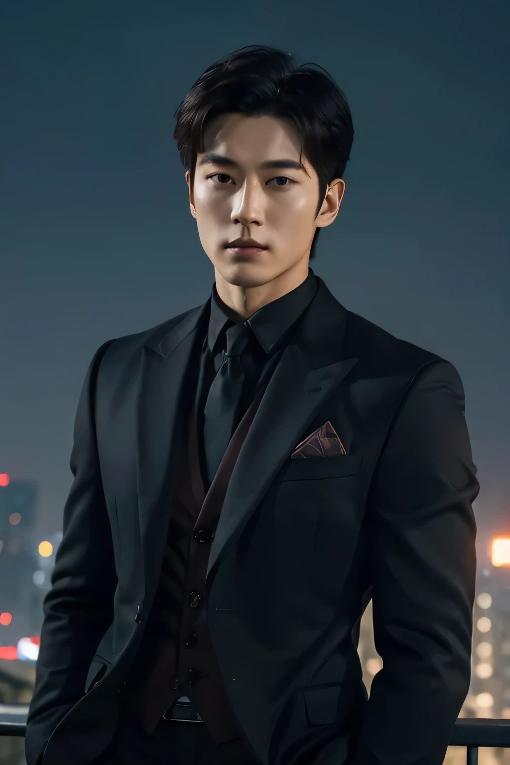 A distinct face ,On top of the building ,Evening time , handsome korean man , How to handle a fireball,Realistic appearance, slim muscle , Modern clothing,Park Seo-joon