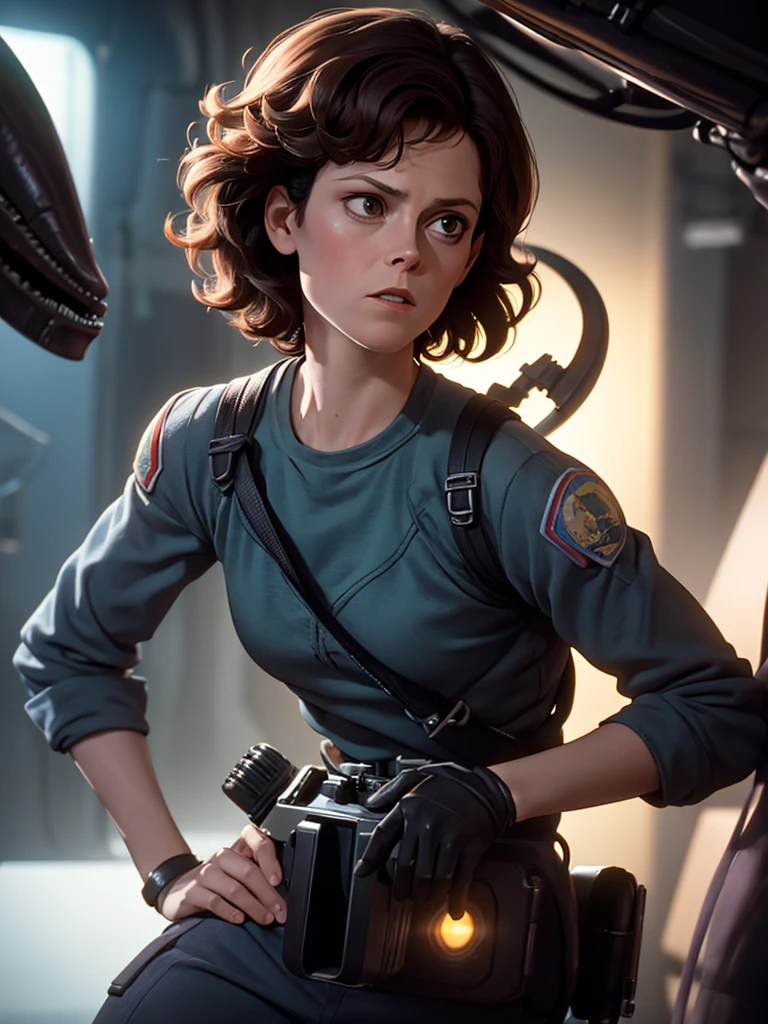 Alien vs Sigourney Weaver
 , (soft focus ,  Shallow focus , dim light )