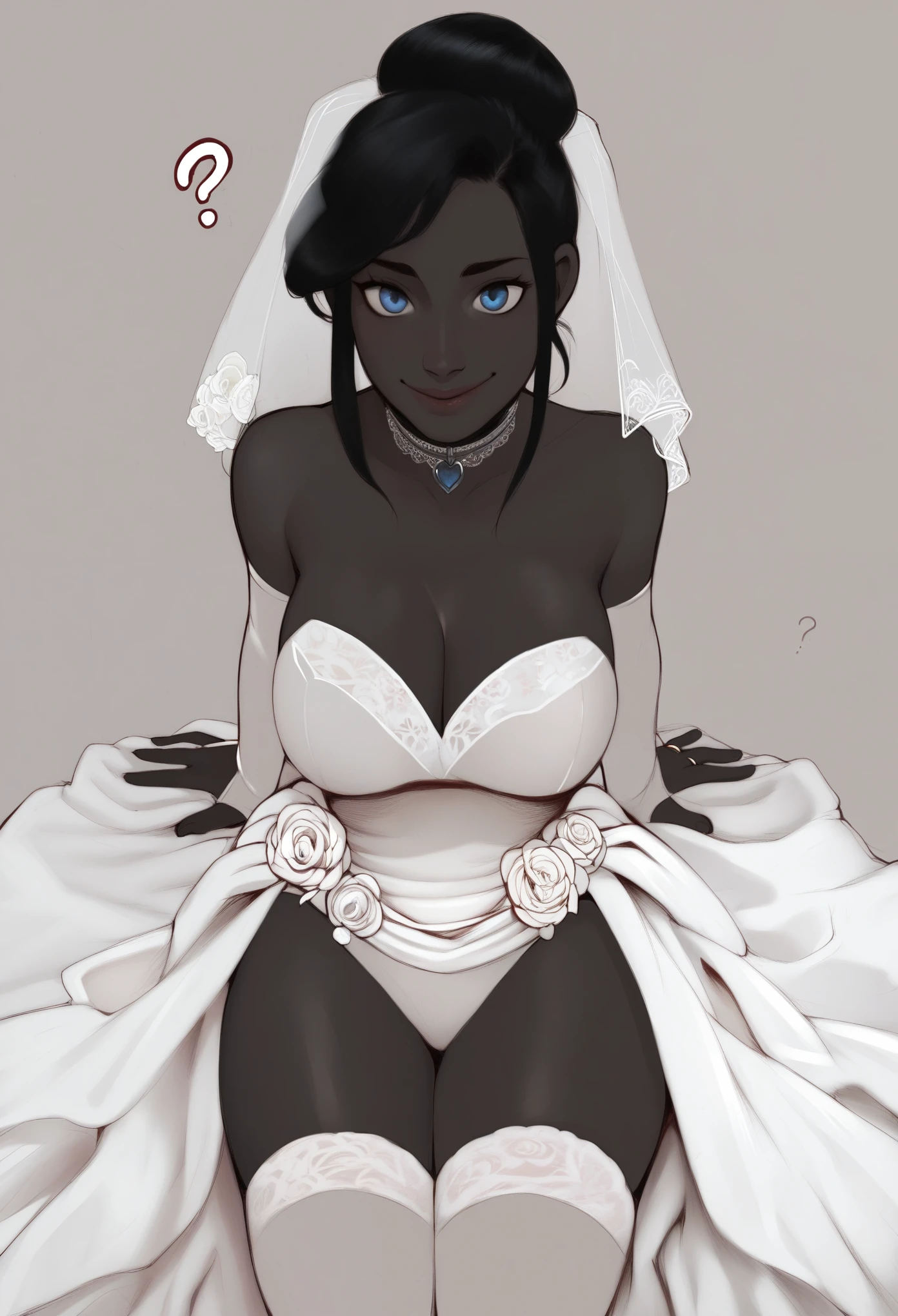 score_9, score_8_up, score_7_up, 1girl, solo, black skin, black hair, bun, wedding dress, large breasts, choker, white bridal gauntlets, white thighhighs, POV, gentle smile, ?, wedding background.