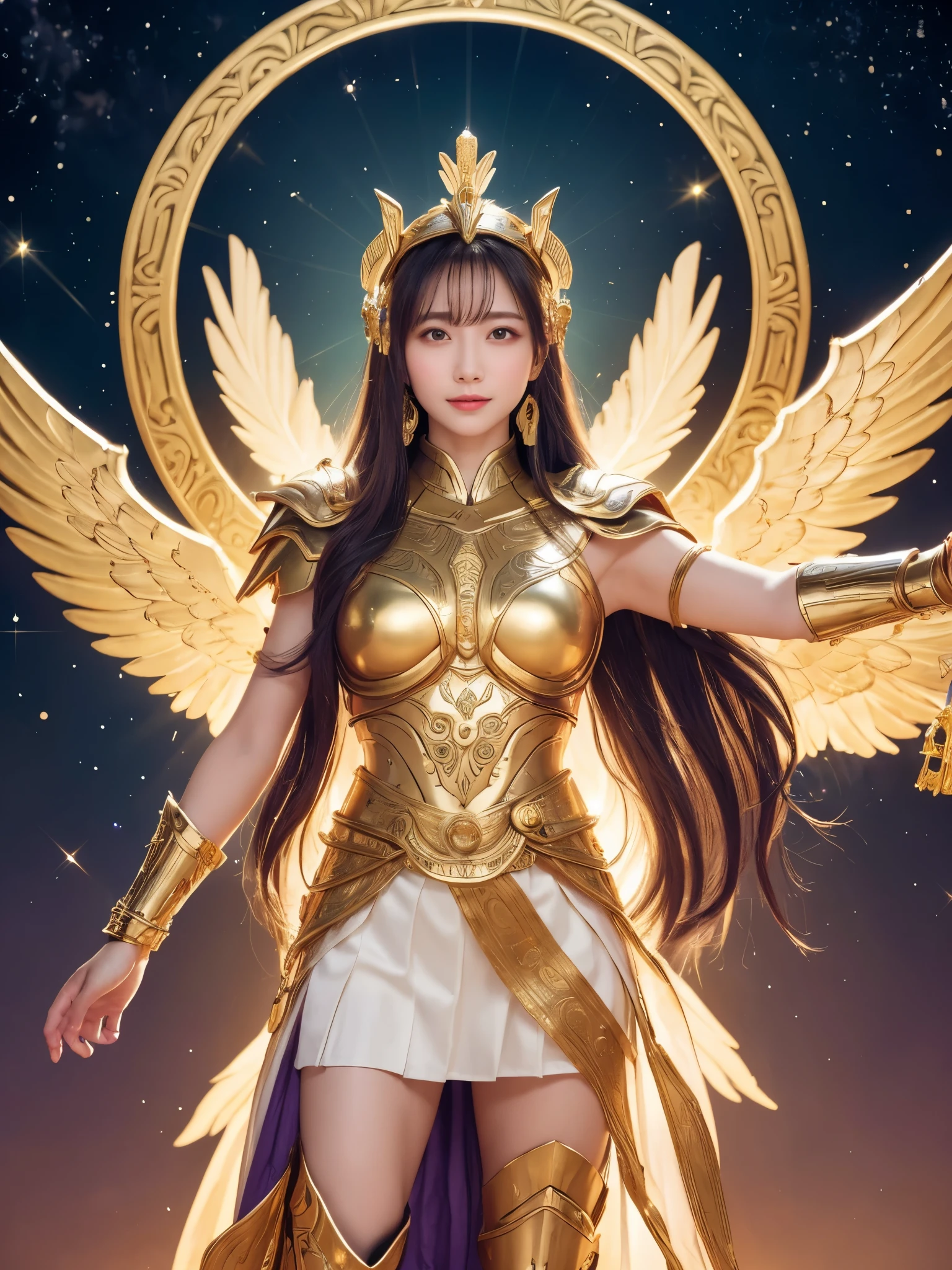 Miss Saori（Athena）The image is full of majesty and holiness。She has long smooth purple hair，The helmet she wears is characterized by the central half-moon decorative edge with exquisite golden carvings. The silver metal surface of the helmet is as smooth as a mirror. The slightly extended curves on both sides are elegant and full of power.,The forehead of the helmet is engraved with delicate ancient Greek-style totems. The gold-plated details on the edges sparkle in the light and fit perfectly with the overall armor.。She wears mainly silver armor with purple and gold decorations，胸甲刻有Athena的神聖圖騰，The long skirt is white and has gold embroidery on the edge.，Leg armor integrated with silver boots，The overall armor is beautifully designed。 She holds a golden scepter. The top of the scepter is a crescent-shaped symbol inlaid with luminous gems, symbolizing divine power.。The round shield is mainly silver, with a star pattern engraved in the center and geometric patterns and moon symbols around it to represent the power of protection.。The huge golden wings spread out behind her and the inner feathers have a purple gradient, symbolizing wisdom and holiness.。 She stands in front of the background of the Zodiac in Saint Seiya，Surrounded by tall golden pillars and mysterious horoscope symbols，The entire scene is shrouded in soft golden light，light from her wings、Reflected on scepter and shield，Highlight her holiness and majesty。
