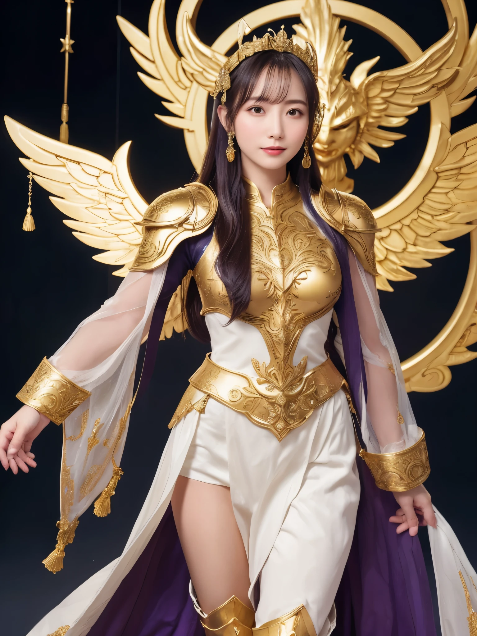 Miss Saori（Athena）The image is full of majesty and holiness。She has long smooth purple hair，The helmet she wears is characterized by a central half-moon decorative edge with exquisite golden carvings. The silver metal surface of the helmet is as smooth as a mirror. The slightly extended curves on both sides are elegant and full of power.,The forehead of the helmet is engraved with delicate ancient Greek-style totems. The gold-plated details on the edges sparkle in the light and fit perfectly with the overall armor.。She wears mainly silver armor with purple and gold decorations，胸甲刻有Athena的神聖圖騰，The long skirt is white and has gold embroidery on the edge.，Leg armor integrated with silver boots，The overall armor is beautifully designed。 She holds a golden scepter. The top of the scepter is a crescent-shaped symbol inlaid with luminous gems, symbolizing divine power.。The round shield is mainly silver, with a star pattern engraved in the center and geometric patterns and moon symbols around it to represent the power of protection.。The huge golden wings spread out behind her and the inner feathers have a purple gradient, symbolizing wisdom and holiness.。 She stands in front of the background of the Zodiac in Saint Seiya，Surrounded by tall golden pillars and mysterious horoscope symbols，The entire scene is shrouded in soft golden light，light from her wings、Reflected on scepter and shield，Highlight her holiness and majesty。
