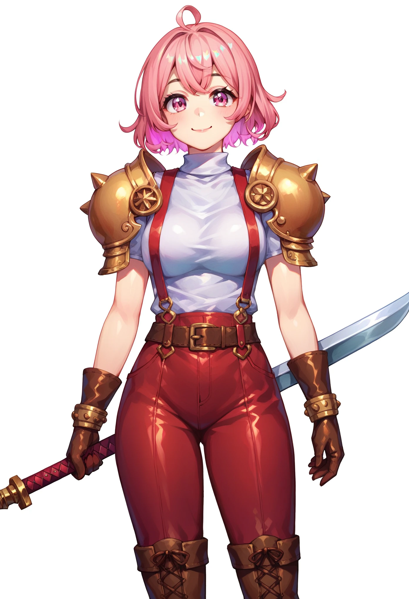 (masterpiece, best quality:1.2), pink glowing eyes, pink eyes, perfect face,Mami nanami , strong make up, highres, 1 girl, solo, make up, (female:1.5), multcolored hair, shoulder armor,  sleeveless turtleneck, cute outfit, white shirt,  suspenders, belt, gloves, bracer,  cute smile, standing, portrait, looking at viewer, holding a giant sword on the back, long leather boots, fullbody shot