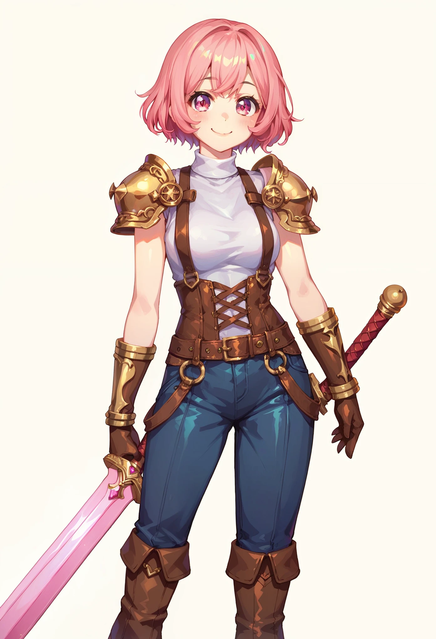 (masterpiece, best quality:1.2), pink glowing eyes, pink eyes, perfect face,Mami nanami , strong make up, highres, 1 girl, solo, make up, (female:1.5), multcolored hair, shoulder armor,  sleeveless turtleneck, cute outfit, white shirt,  suspenders, belt, gloves, bracer,  cute smile, standing, portrait, looking at viewer, holding a giant sword on the back, long leather boots, fullbody shot