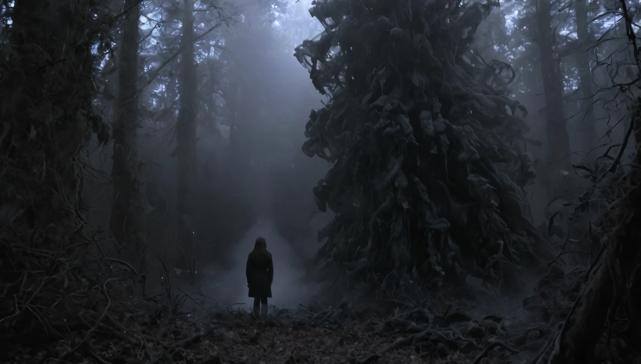Engulfed By black, Deep in the forest a girl stands surrounded by ghosts, lovecraftian, horror, still from the movie "the thing"