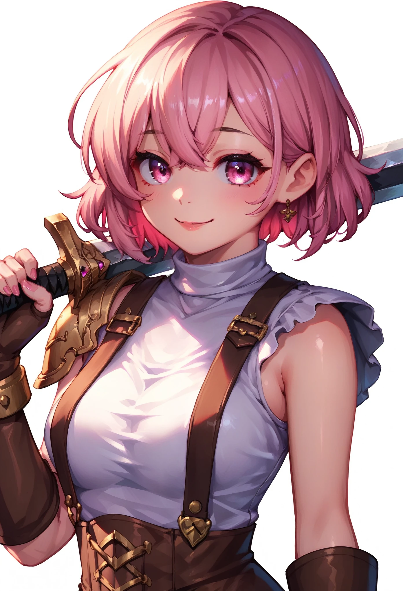 (masterpiece, best quality:1.2), pink glowing eyes, pink eyes, perfect face,Mami nanami , strong make up, highres, 1 girl, solo, make up, (female:1.5), multcolored hair, shoulder armor,  sleeveless turtleneck, cute outfit, white shirt,  suspenders, belt, gloves, bracer,  cute smile, standing, portrait, looking at viewer, holding a giant sword on the back, long leather boots, fullbody shot