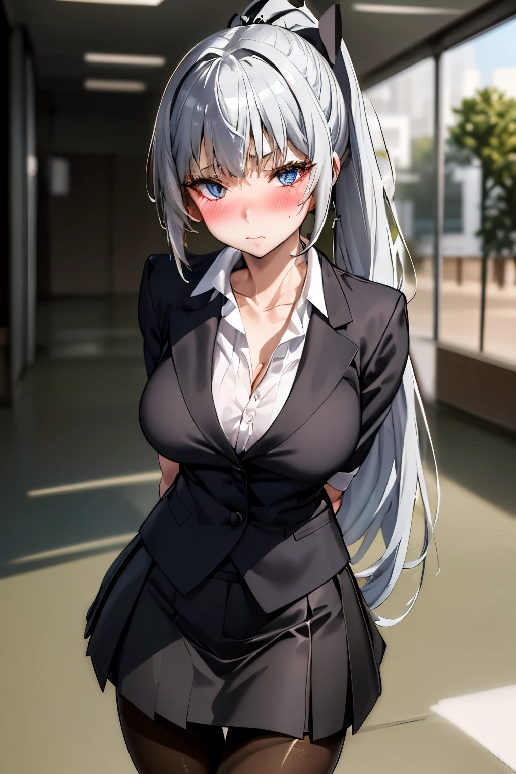 (Best Quality:1.2),  Alone、Luminous Valentine,Silver Hair、Odd Eye、ponytail、(blush:1.1), Embarrassing, View your viewers、((Office Lady Clothes))、((pantyhose))、(Suit skirt)、(Medium Breast)、Black Bra