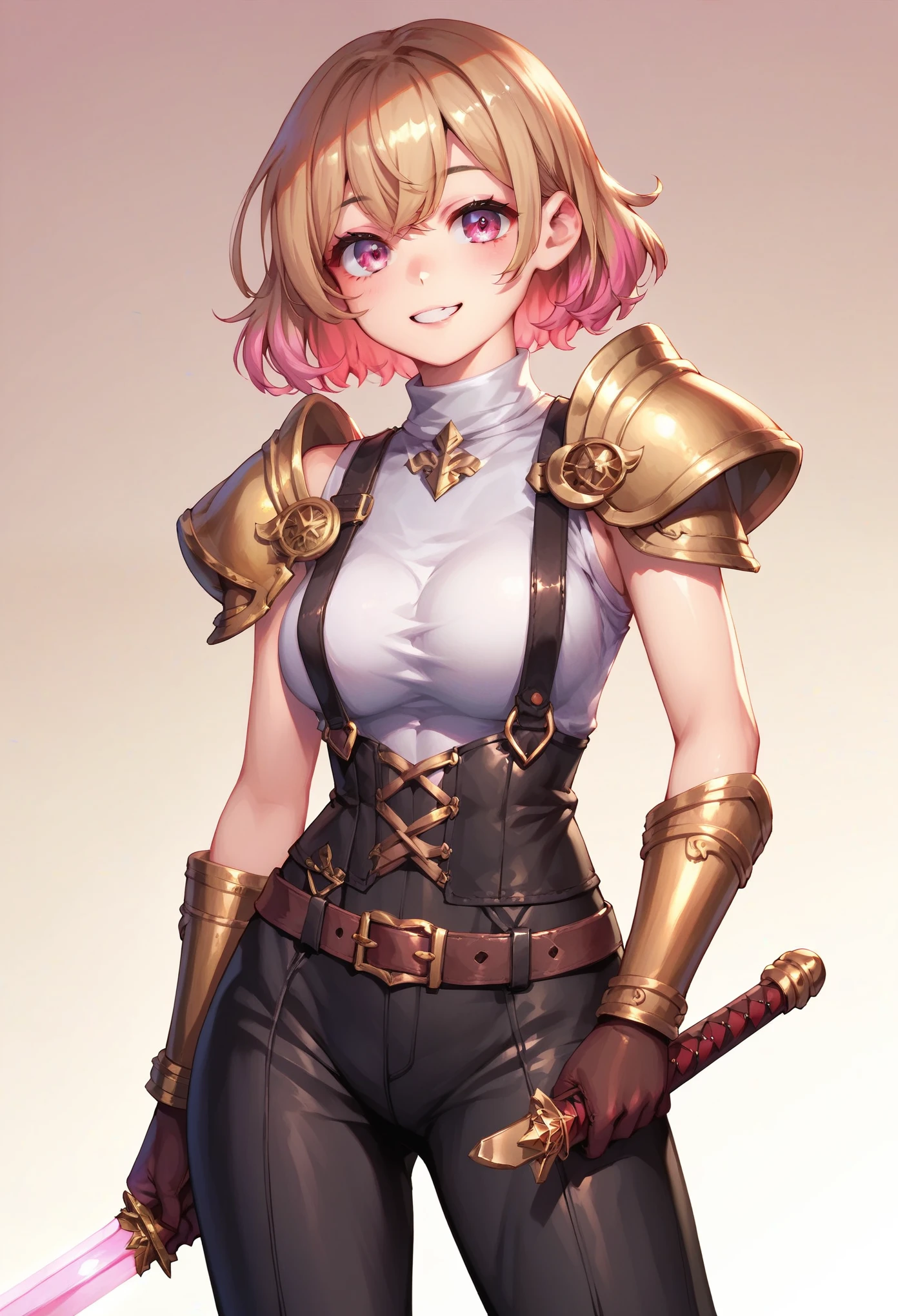 (masterpiece, best quality:1.2), pink glowing eyes, pink eyes, perfect face,Mami nanami , strong make up, highres, 1 girl, solo, make up, (female:1.5), multcolored hair, shoulder armor,  sleeveless turtleneck, cute outfit, white shirt,  suspenders, belt, gloves, bracer,  cute smile, standing, portrait, looking at viewer, holding a giant sword on the back, long leather boots, fullbody shot