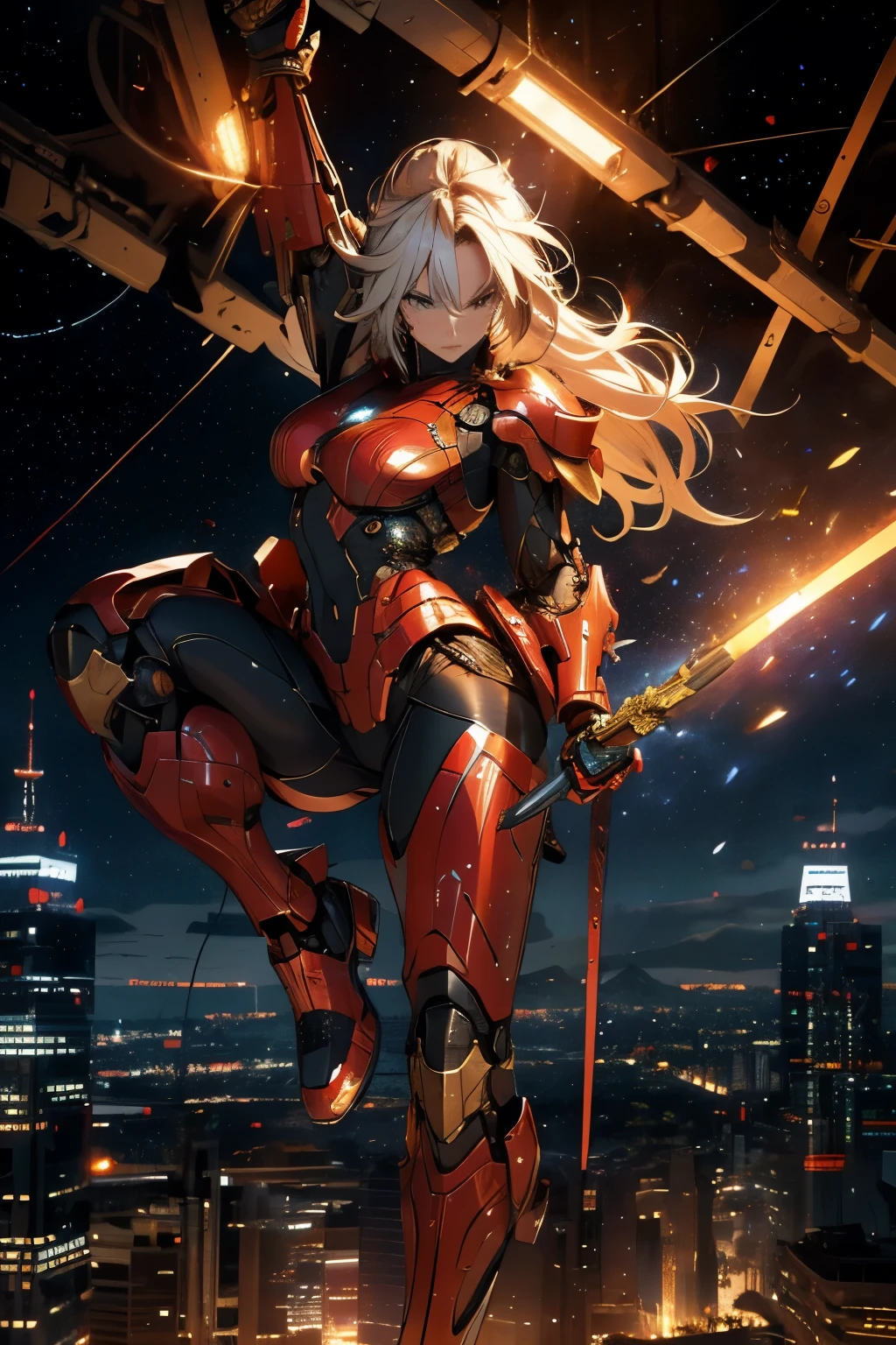Gradient Color Hair、long fluttering silver hair、long hair flowing with the wind、Breasts are small and B size、Cleavage is visible。photoRealstic、Colorful Evangelion-style metal mecha suit、detailed mechanical components、Metal cylinder、Fine parts、Giant robot standing behind、high-heels、Finish as shown in the photo、Eyes are double（A detailed eye）, Beautifully detailed、beautifull detailed face、Grab viewers' eyes with attractive poses、Futuristic battlefield at night、Eyes are on the viewer、Angle from below the knee、