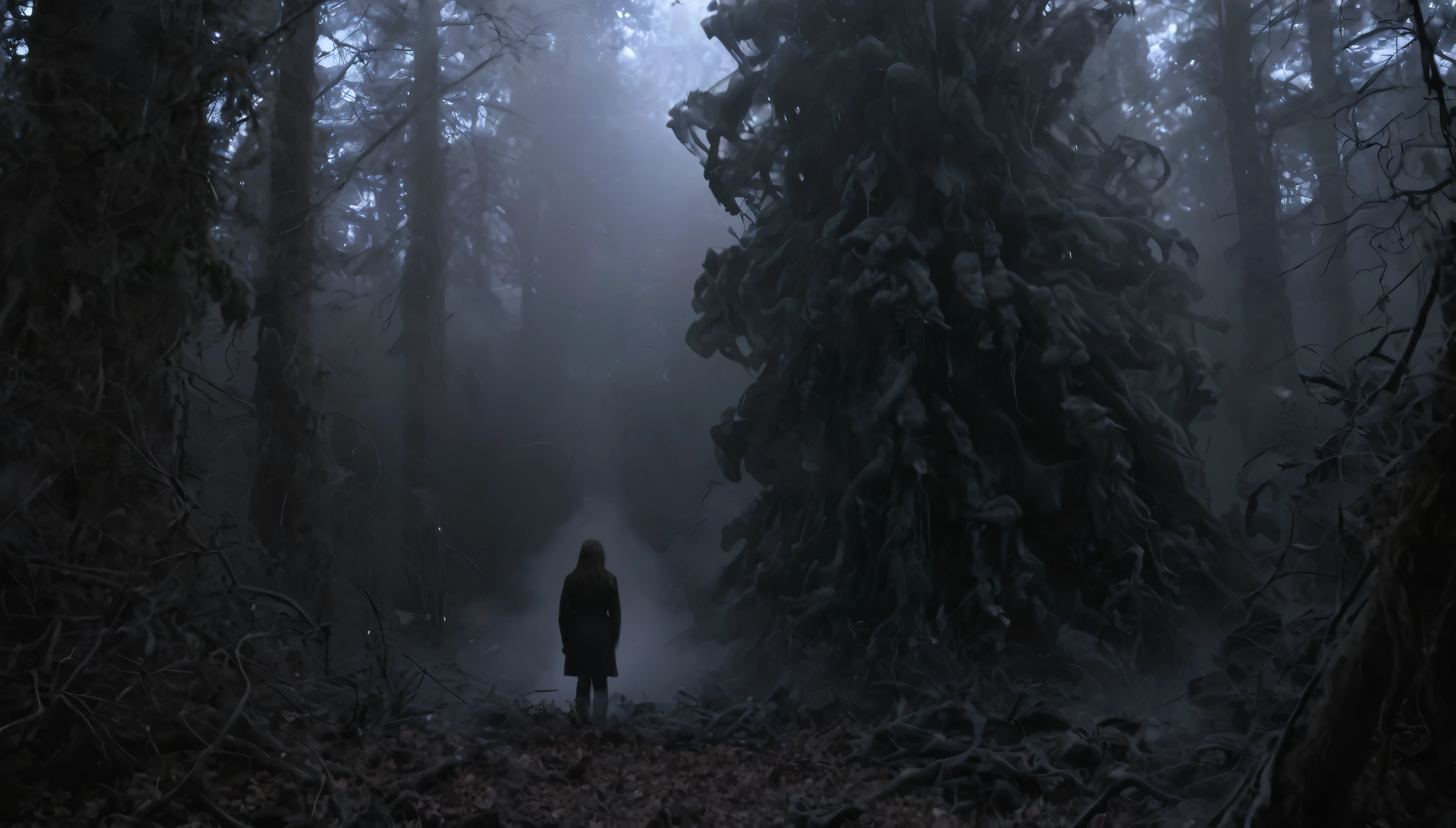Engulfed By black, Deep in the forest a girl stands surrounded by ghosts, lovecraftian, horror, still from the movie "the thing"