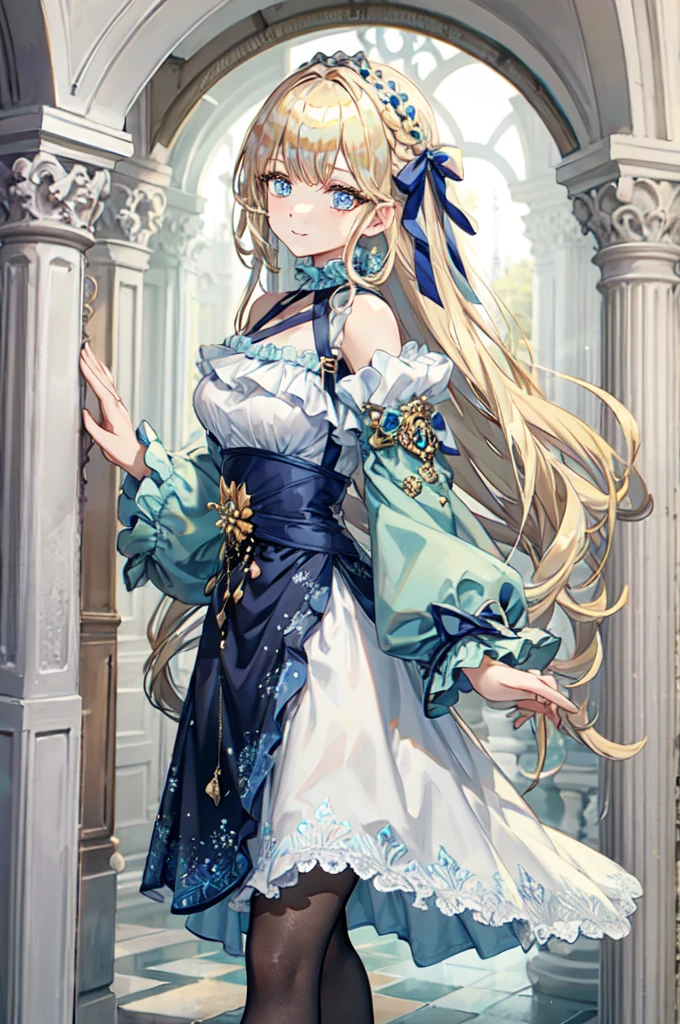 love theme,  ultra detailed, masterpiece, best quality,, solo, soft smile, light smile,
1girl, blue eyes, very long hair, blonde hair, long blonde hair, french braid, bangs, medium breasts,, hair ribbon, frilled choker, criss-cross halter, sleeveless dress, high-waist skirt, backless dress, waist bow, detached sleeves, frilled sleeves, wide sleeves, pantyhose, patterned legwear, mary janes,