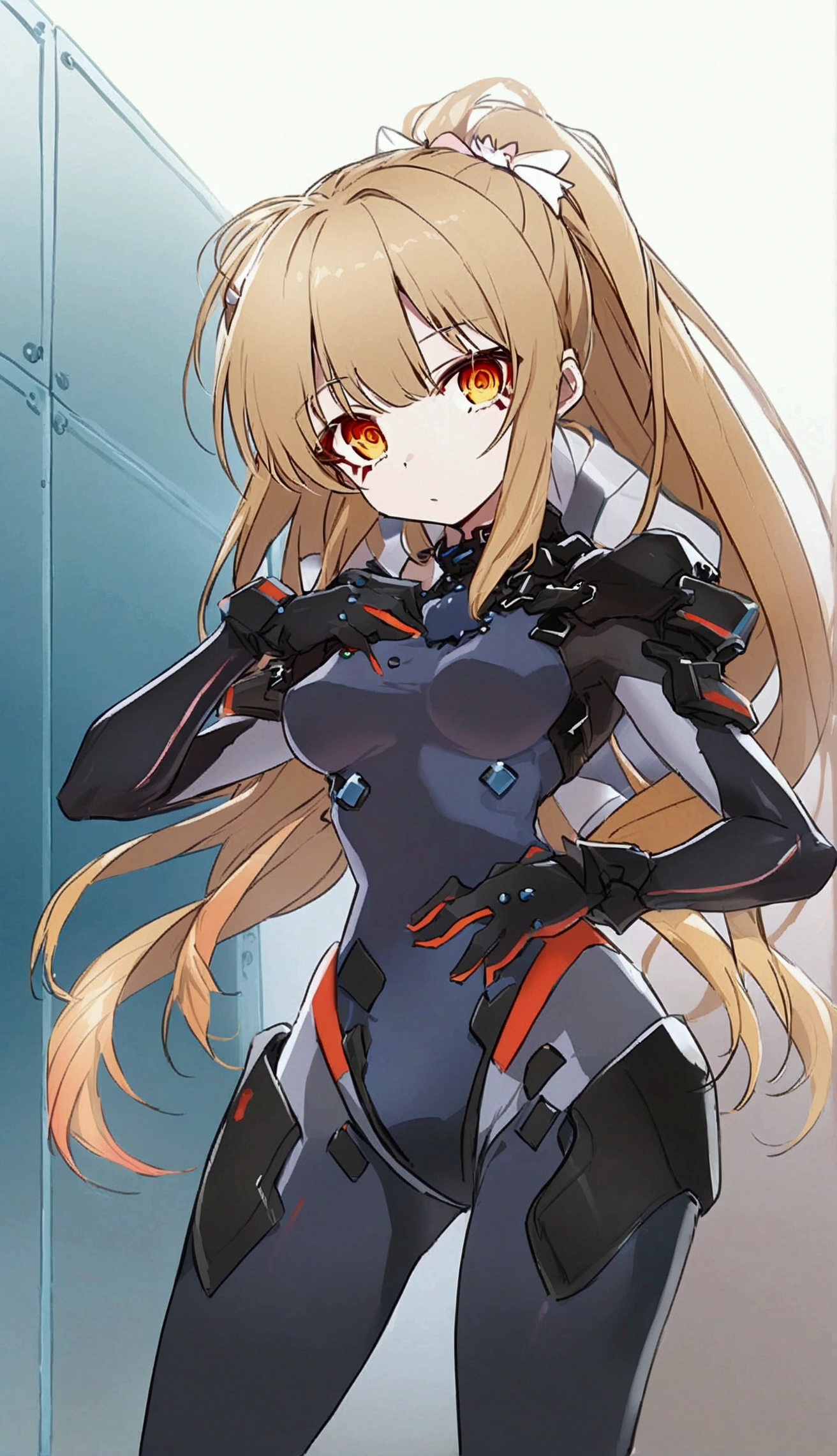 <lora:Nemesis 4:0.6>, bodysuit, gloves, red eyes, hair covering one eye, masterpiece, best quality