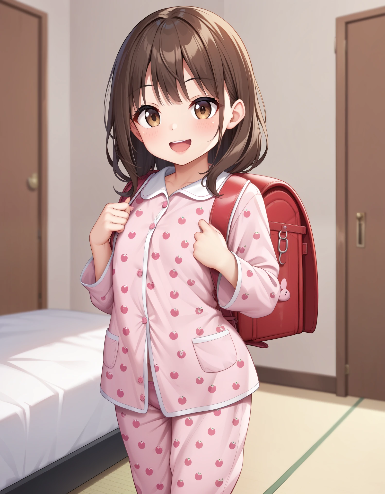 masterpiece, best quality, high resolution, extremely detailed, detailed background, cinematic lighting, 1girl, cute girl, , 6 y.o, young girl 1girl, brown hair, brown eyes, smile, wear pink pajamas, (pajamas:1.1),pajamas trouser, bedroom, indoor, standing,wearing randoseru backpack, (randoseru backpack:1.2)