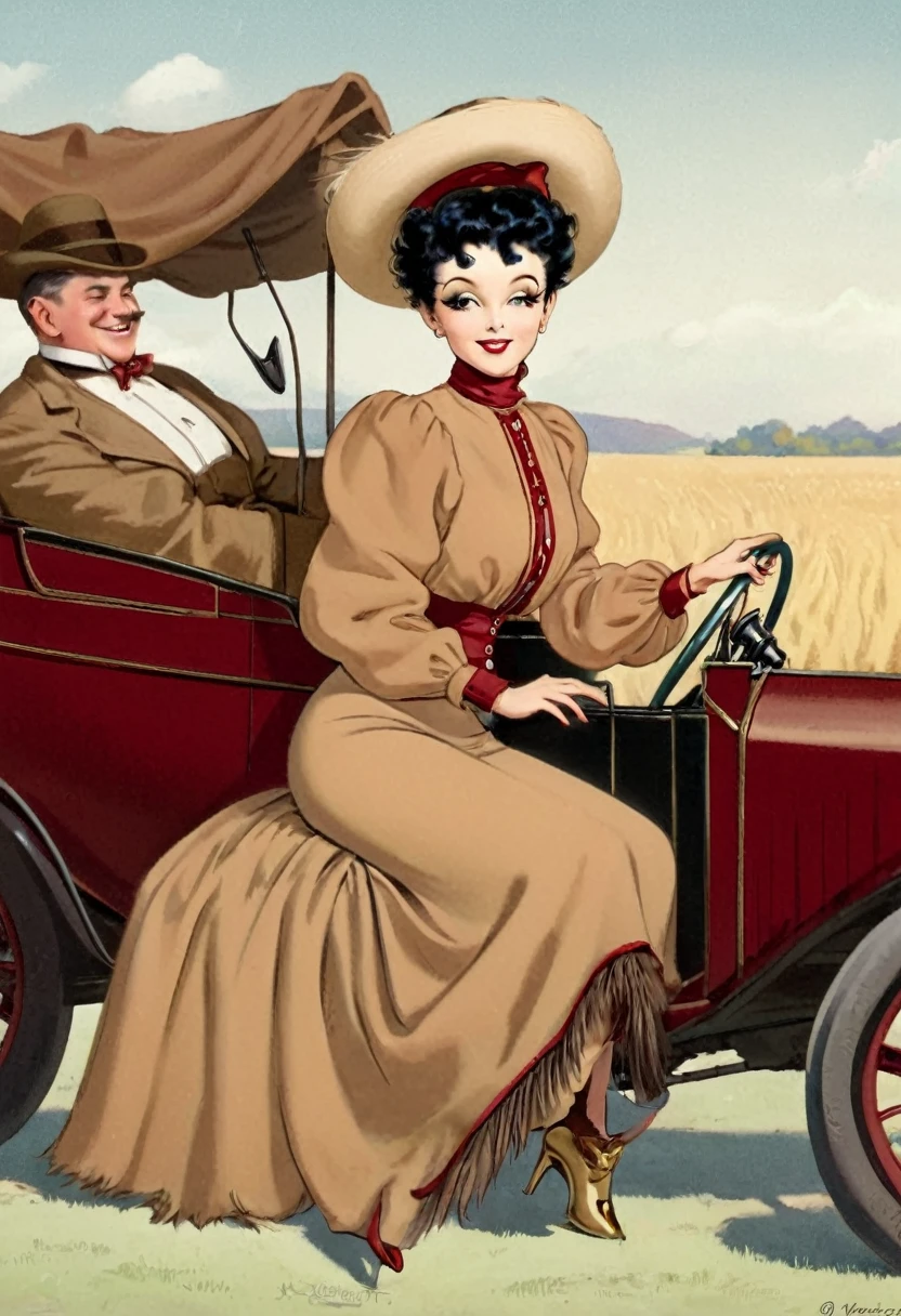 Illustration of Betty Boop as a 14yo coquette sitting inside a tan brown horseless carriage. 1900_dr3ss. Year 1903. Lonely field backdrop. Curly brunette hair, feather-brimmed hat, high-neck deep red gown with long sleeves, tiny wasp waist, huge bubble butt. Rapemeat, flirting, holding a parasol, winking one eye.